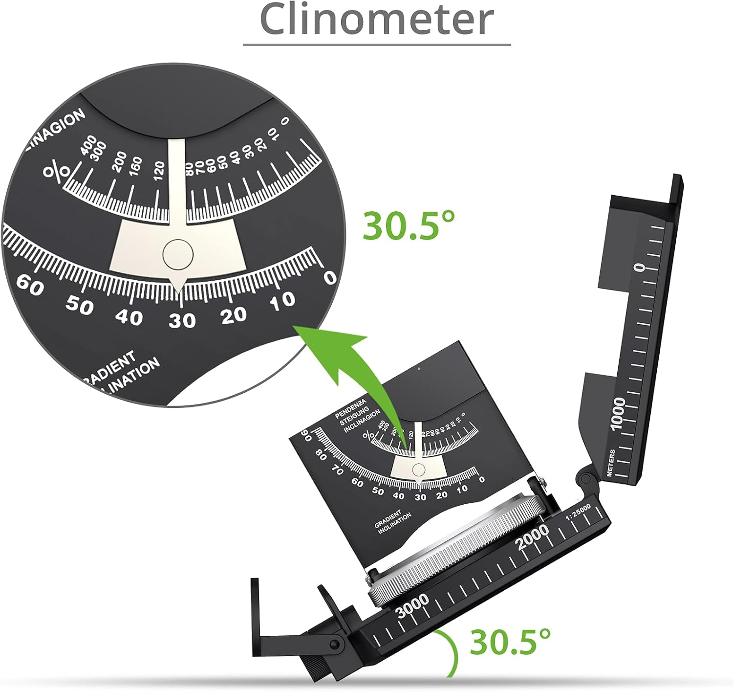 Ein schwarzer Clinometer mit einer Lupe, die 30,5 Grad anzeigt.