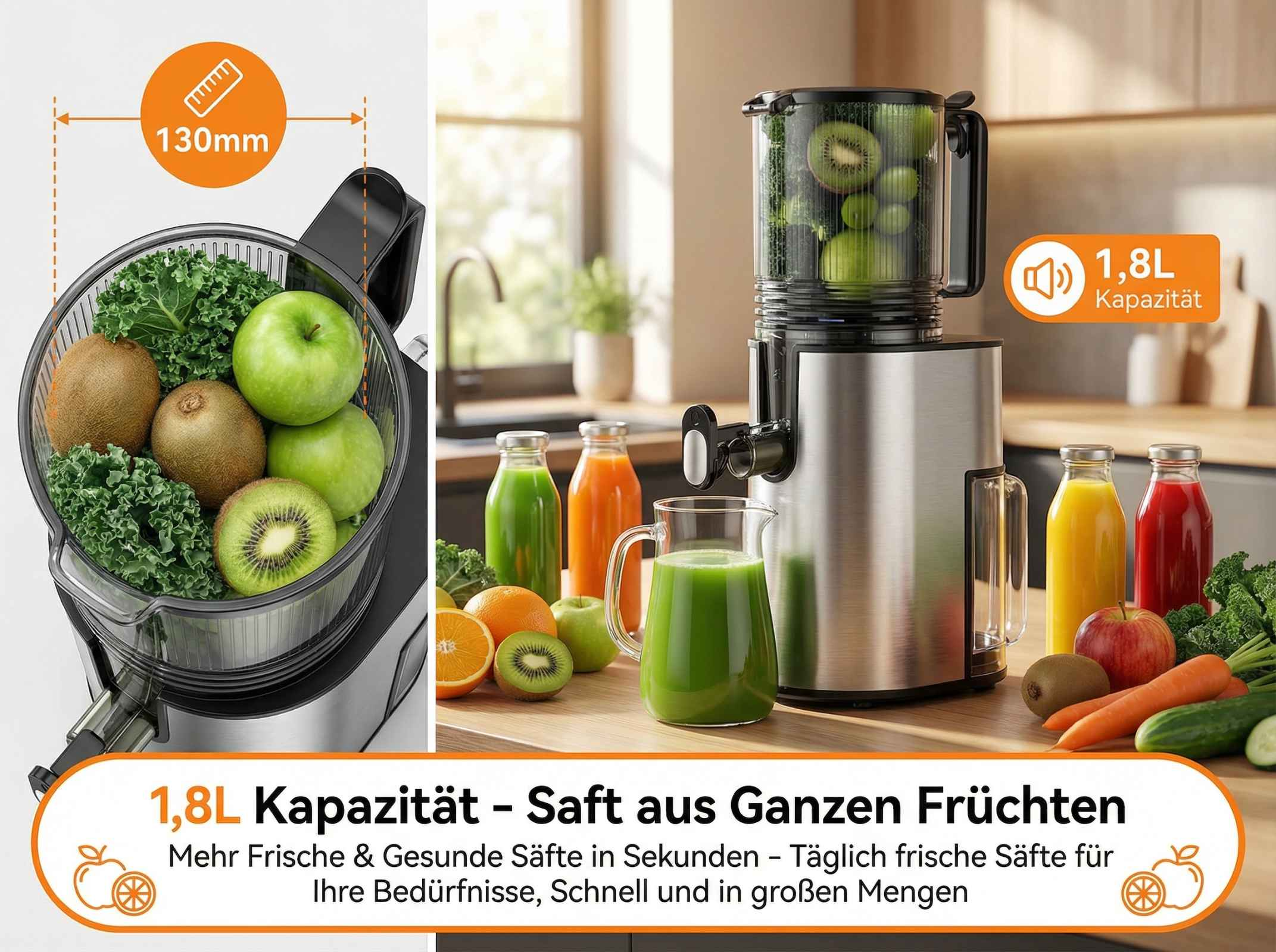 Ein Entsafter mit Obst und Gemüse; daneben Flaschen mit Saft.
