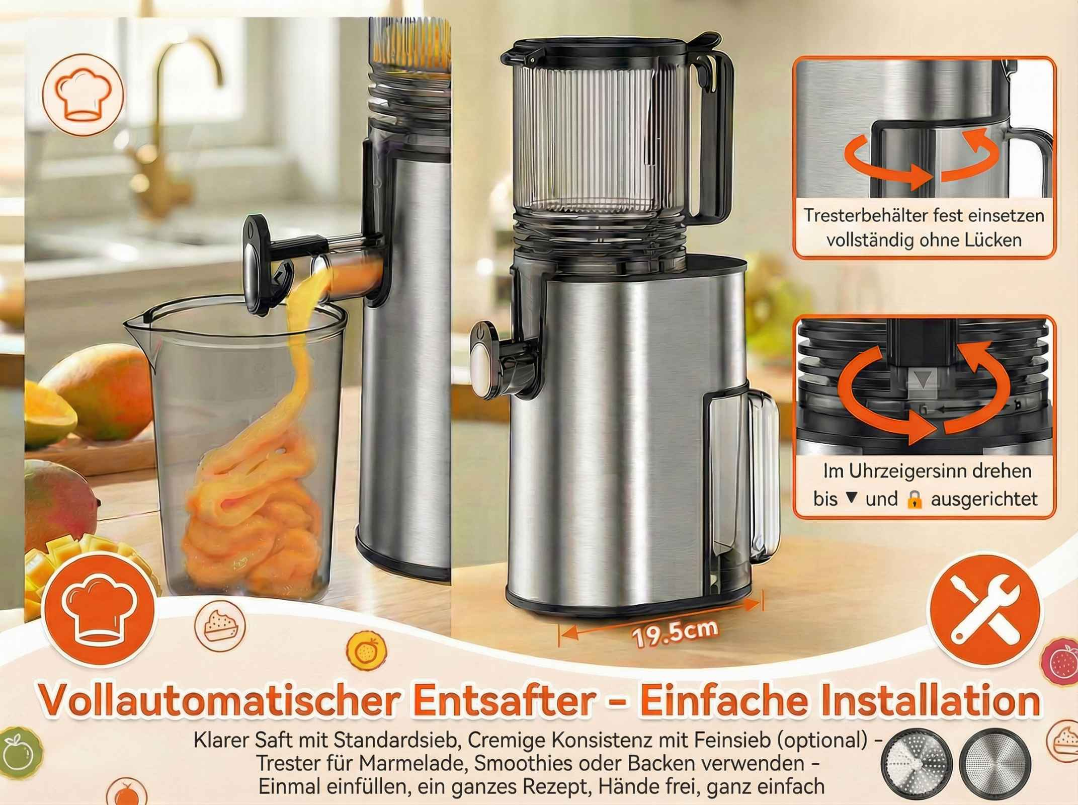 Ein Entsafter mit Saftauslauf in einen Krug und Mangos daneben.