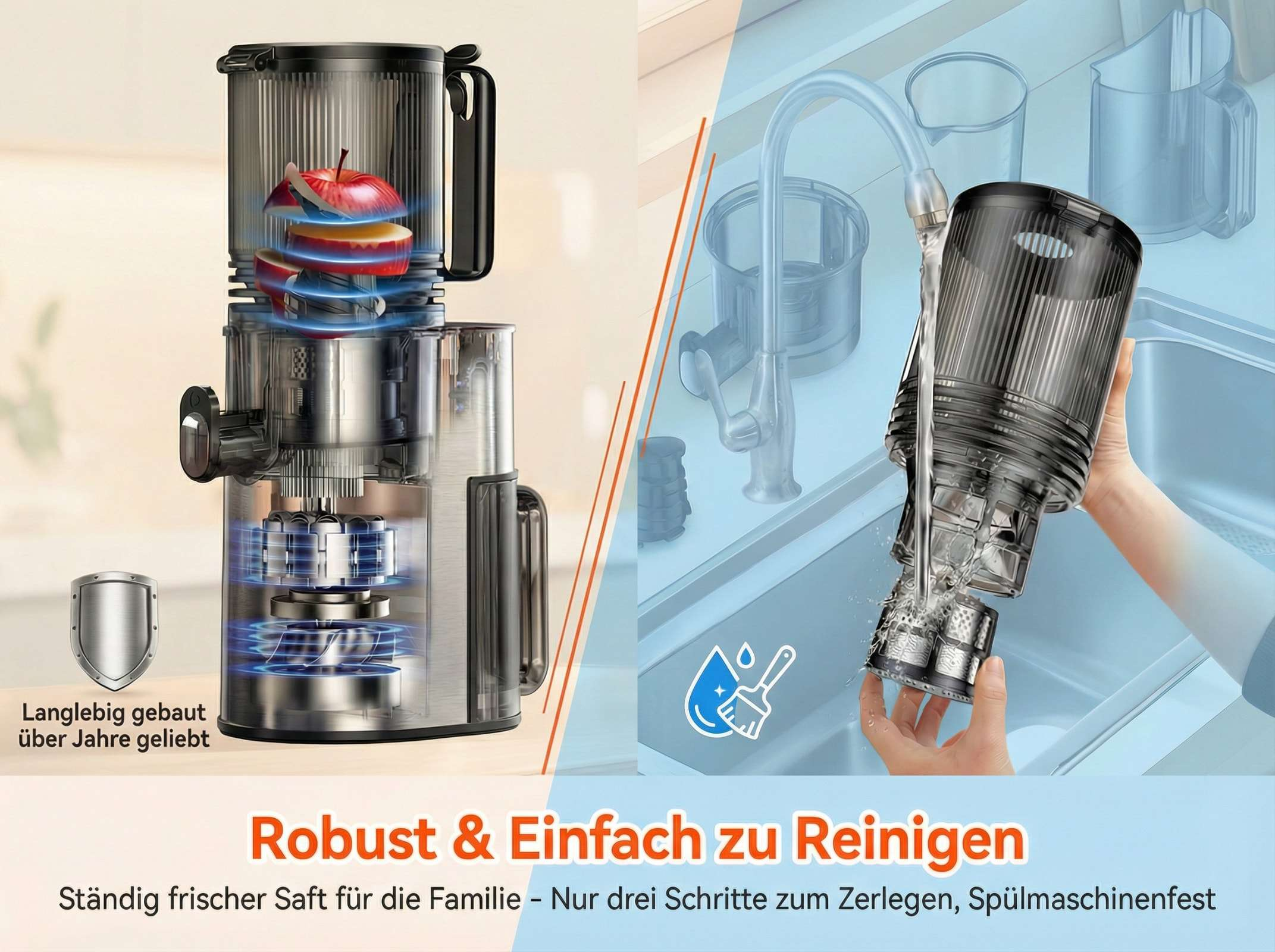 Ein Zentrifuge mit Äpfeln und ein Teil wird unter fließendem Wasser gereinigt.