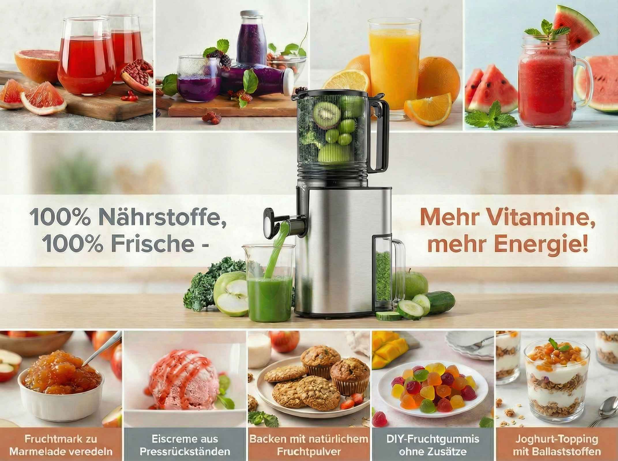 Collage mit Säften, Früchten, einem Entsafter und Desserts.