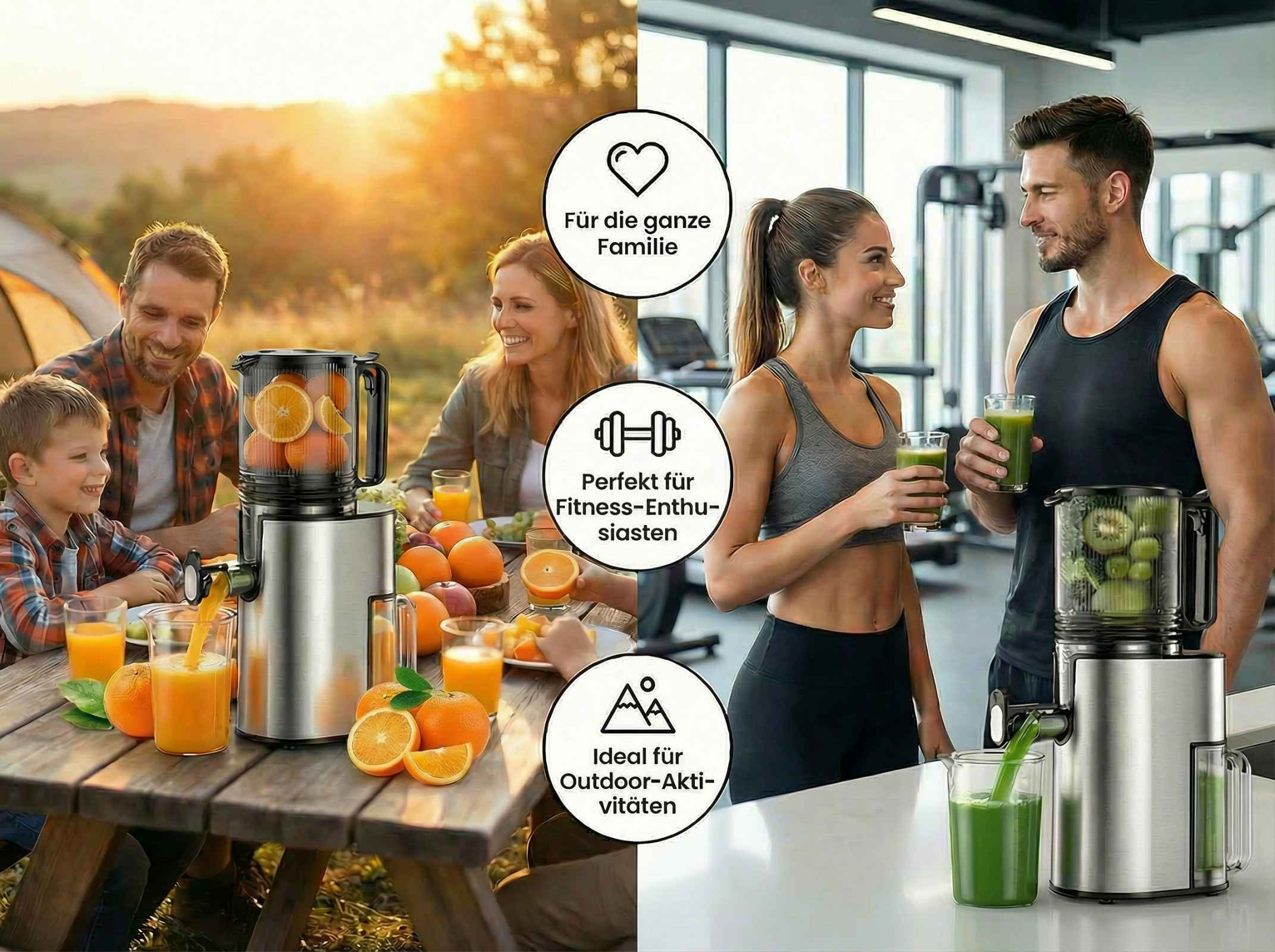 Familie macht Saft im Freien, Paar trinkt grünen Saft im Fitnessstudio.