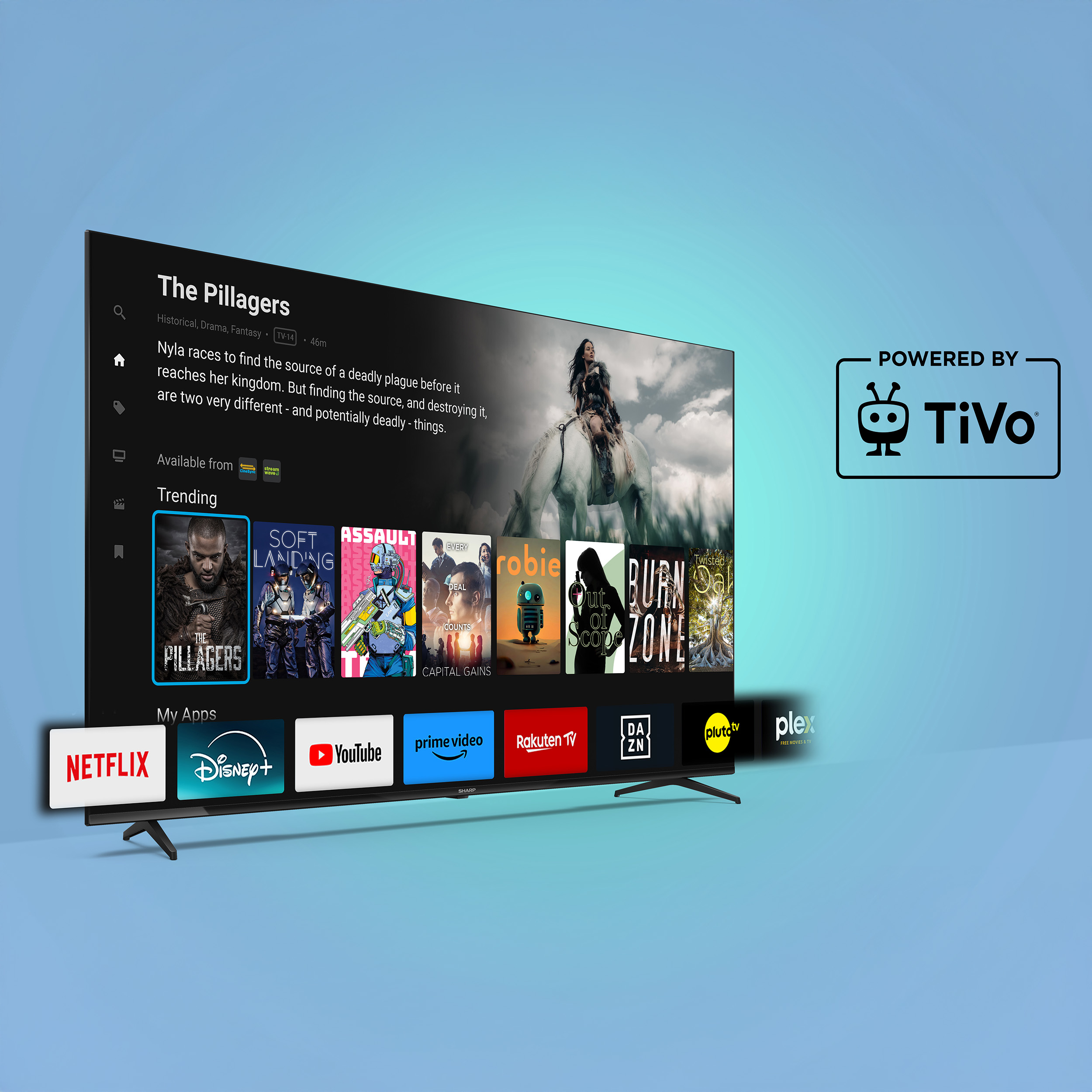 Ein Fernseher zeigt eine App-Oberfläche mit Filmen und Apps. TiVo-Logo rechts.