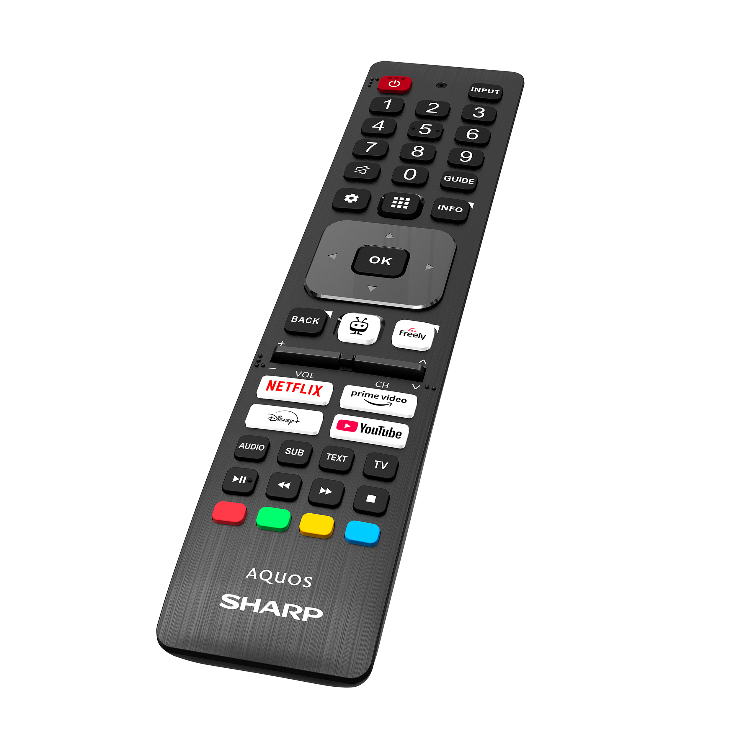 Schwarze Fernbedienung mit nummerischen Tasten, Streaming-App-Buttons und OK-Button.
