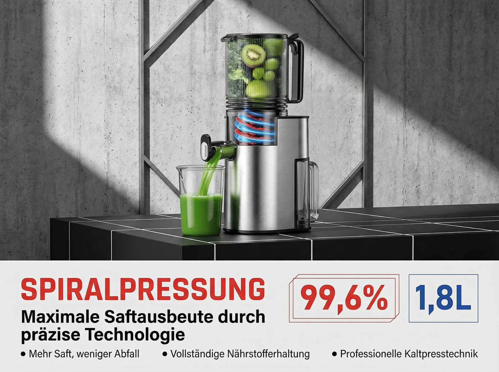 Ein Entsafter mit Obst und Gemüse, der grünen Saft presst.