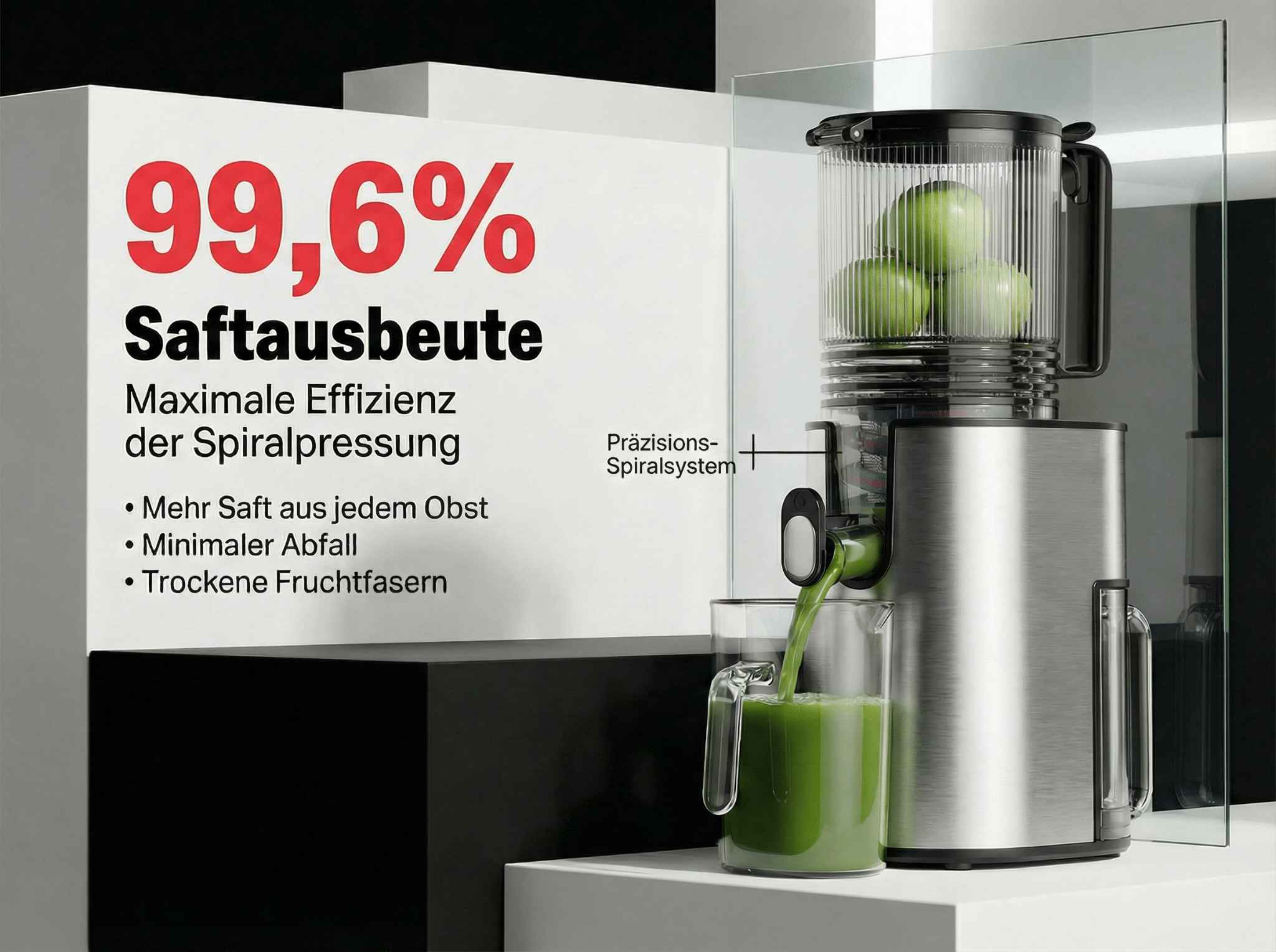 Ein Entsafter presst grünen Saft in ein Glas. 99,6% Saftausbeute.