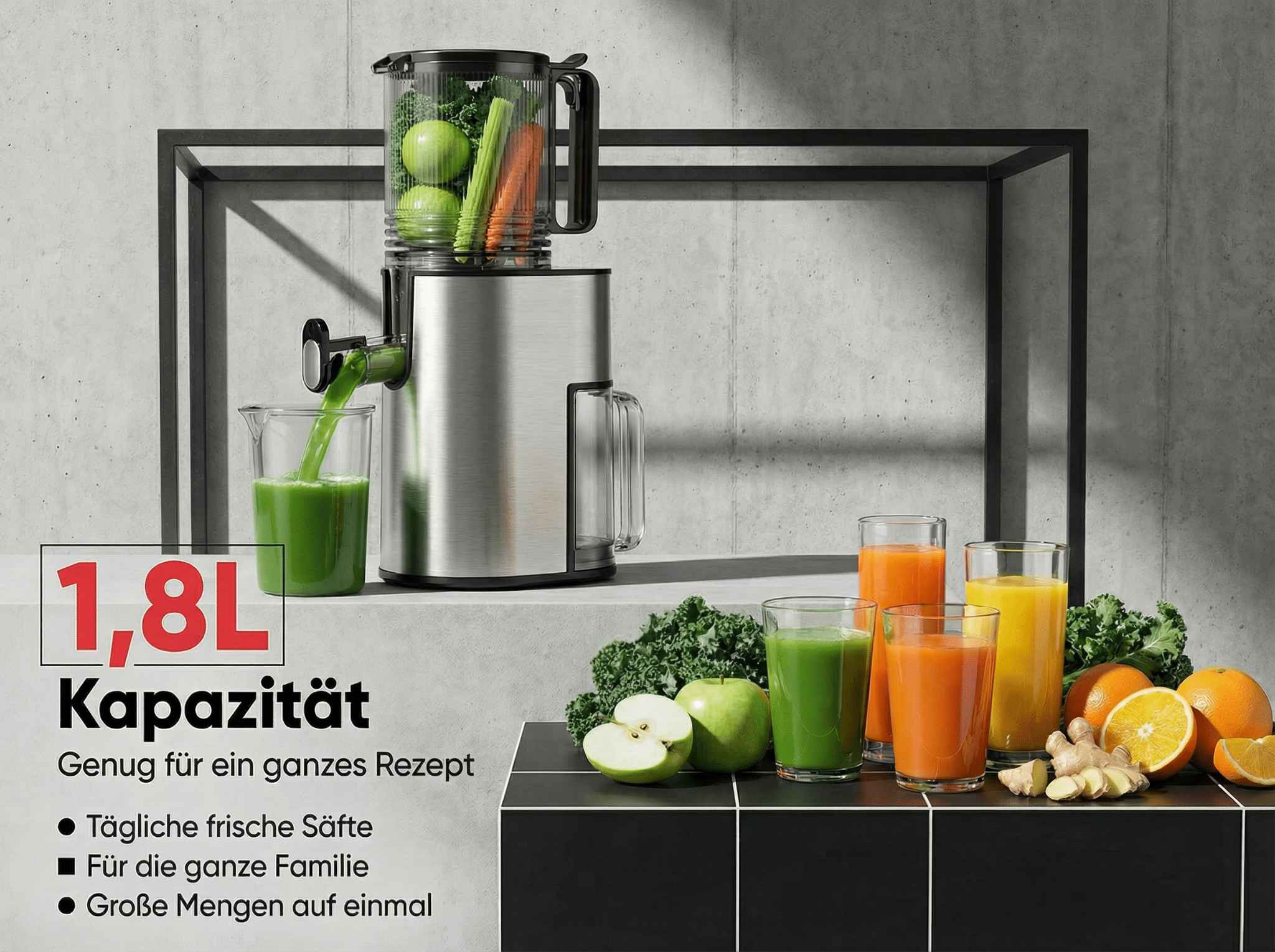 Edelstahl-Entsafter mit 1,8L Kapazität, frischen Säften und Zutaten.