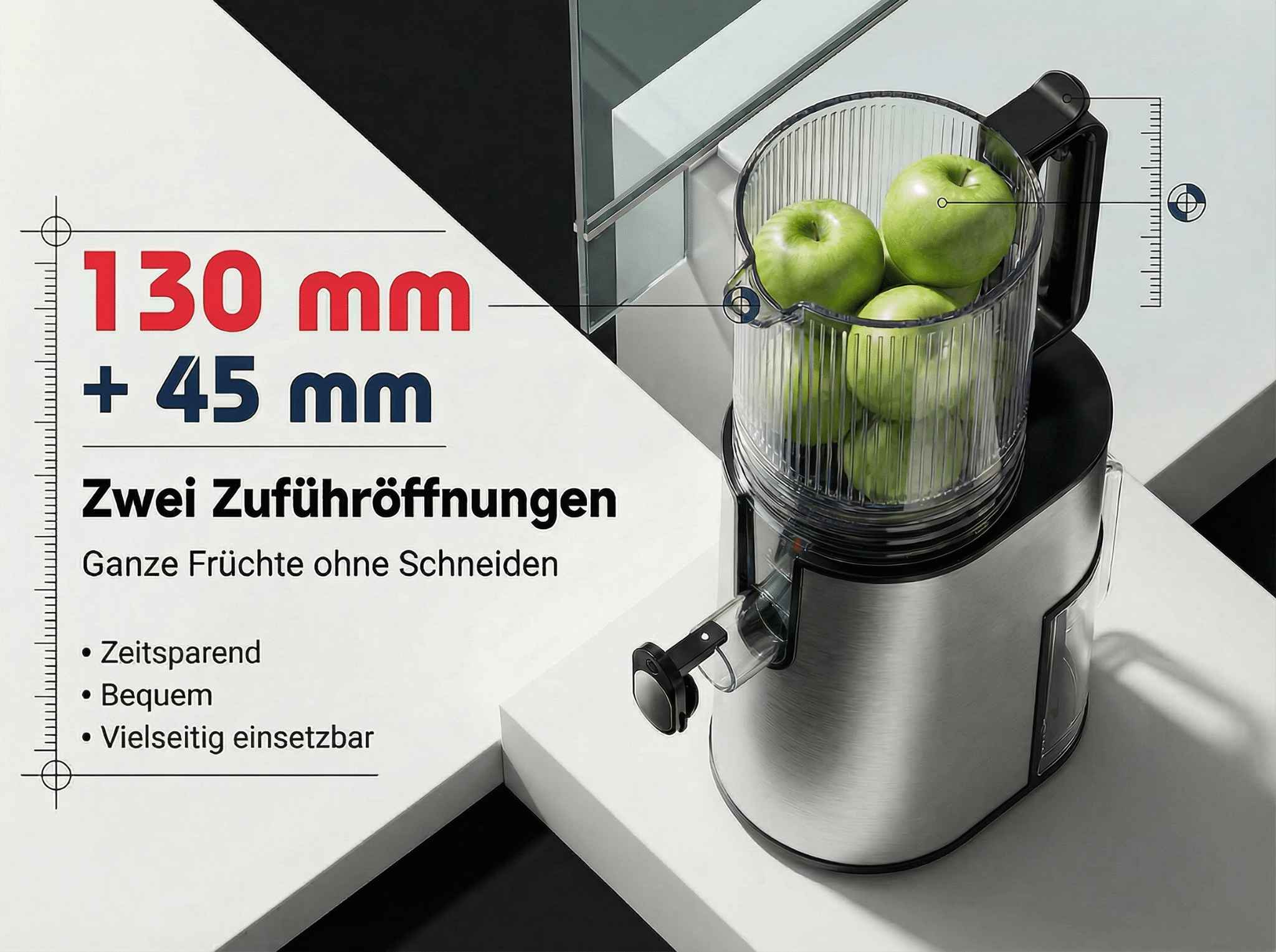 Ein Entsafter mit zwei Einfüllöffnungen, gefüllt mit grünen Äpfeln.