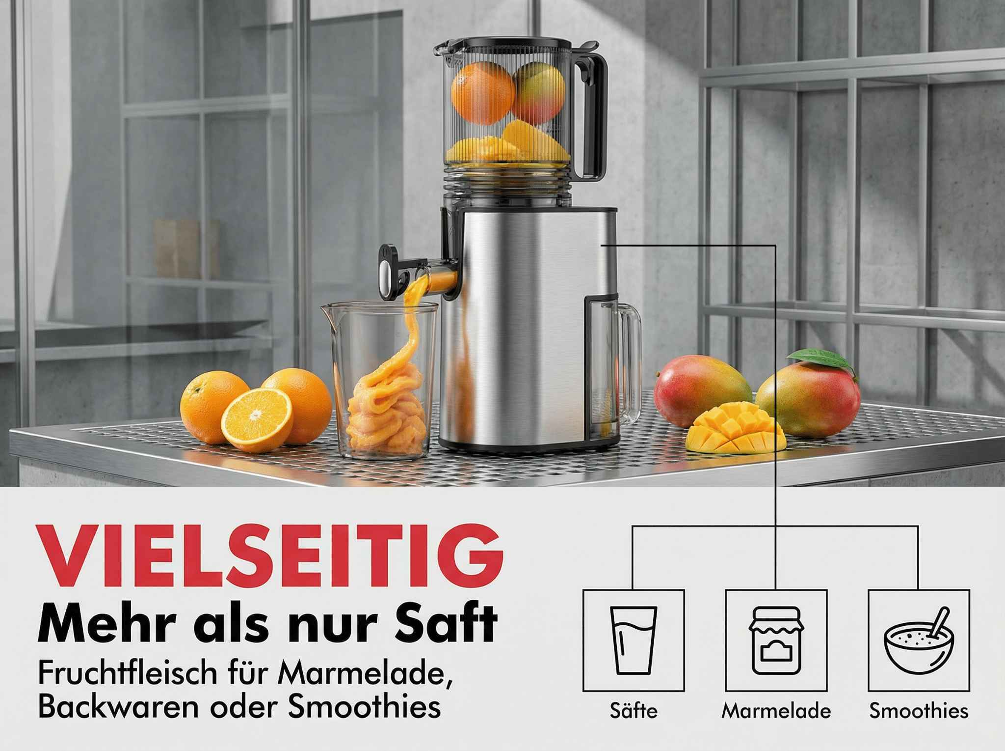 Ein Entsafter verarbeitet Orangen und Mangos zu Saft. Daneben Früchte und Text.
