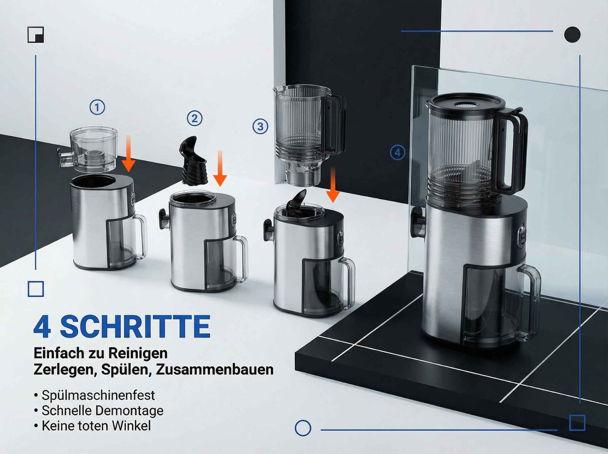 Montageanleitung für Kaffeemaschine in 4 Schritten, zerlegt und zusammengebaut.