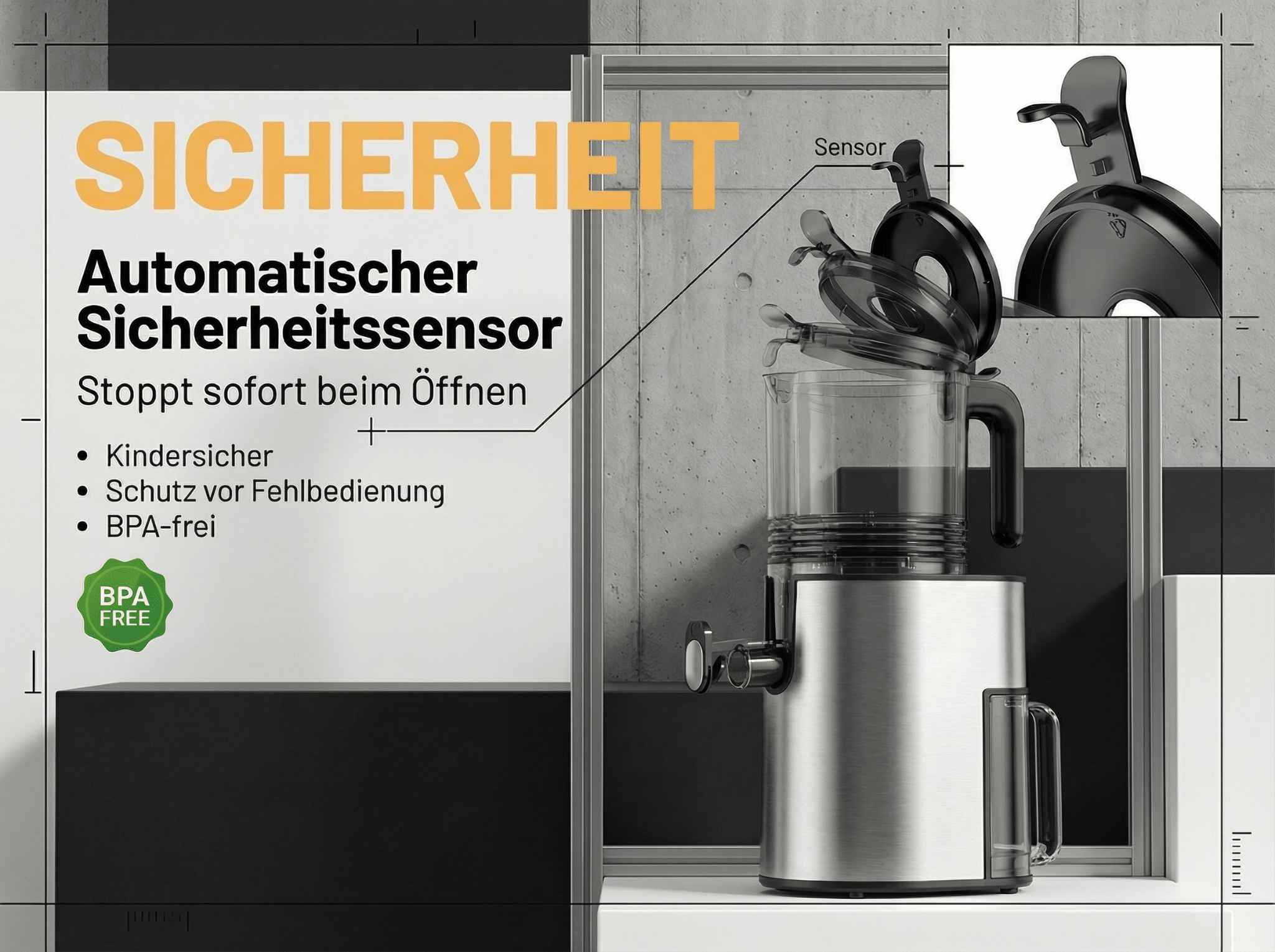 Ein silberner Entsafter mit offenem Deckel und einem Sicherheitssensor.
