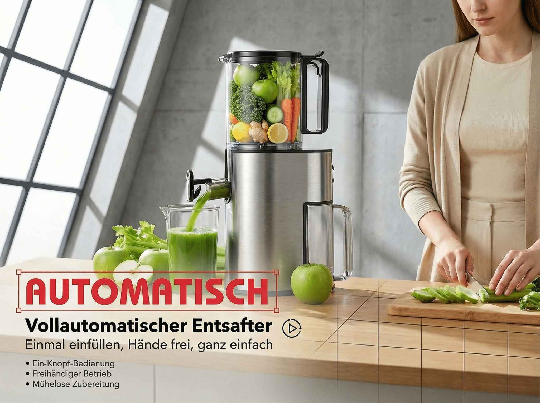 Ein Entsafter mit Obst und Gemüse. Eine Frau schneidet Sellerie.