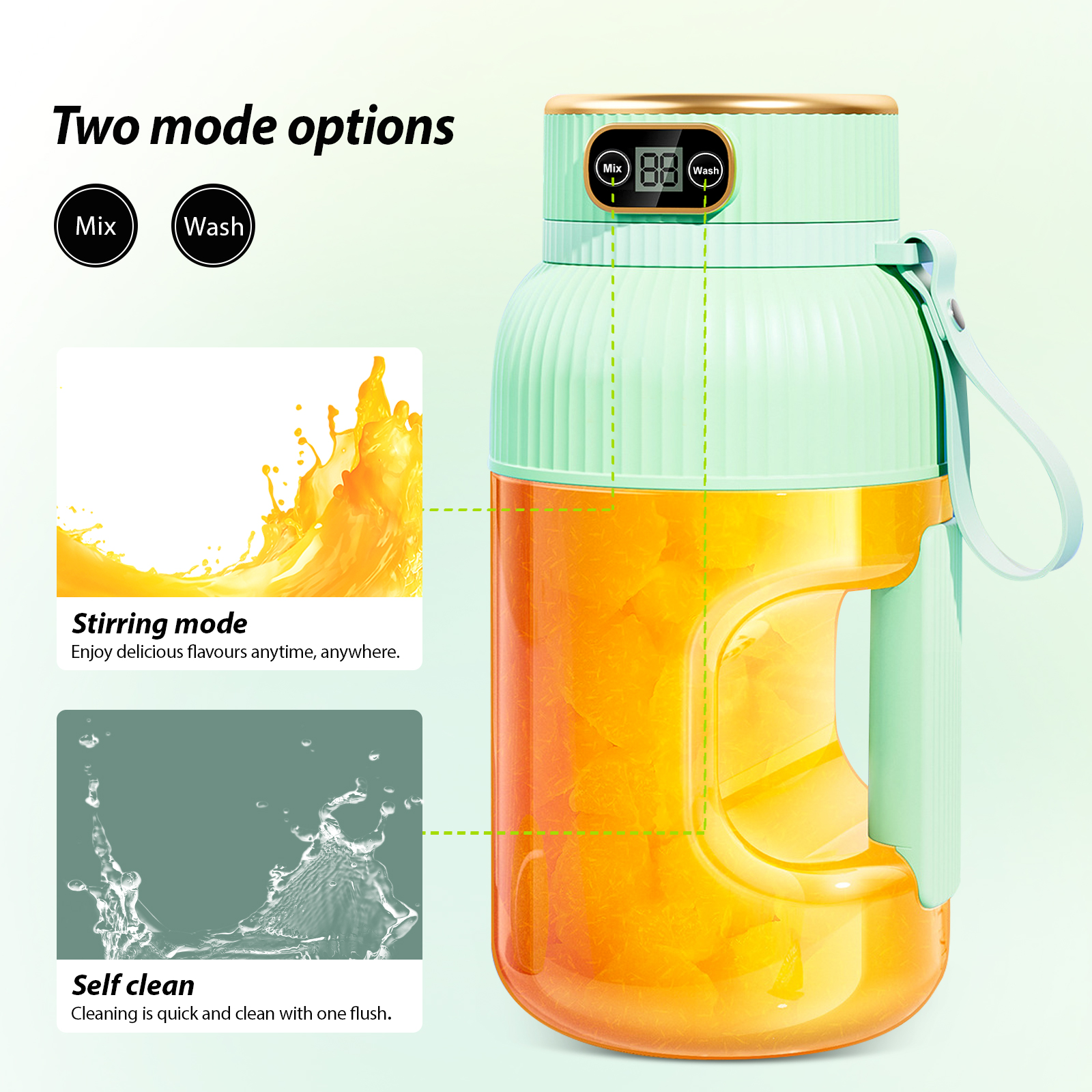 Ein grüner Mixer mit orangem Behälter, der Saft und Reinigung zeigt.