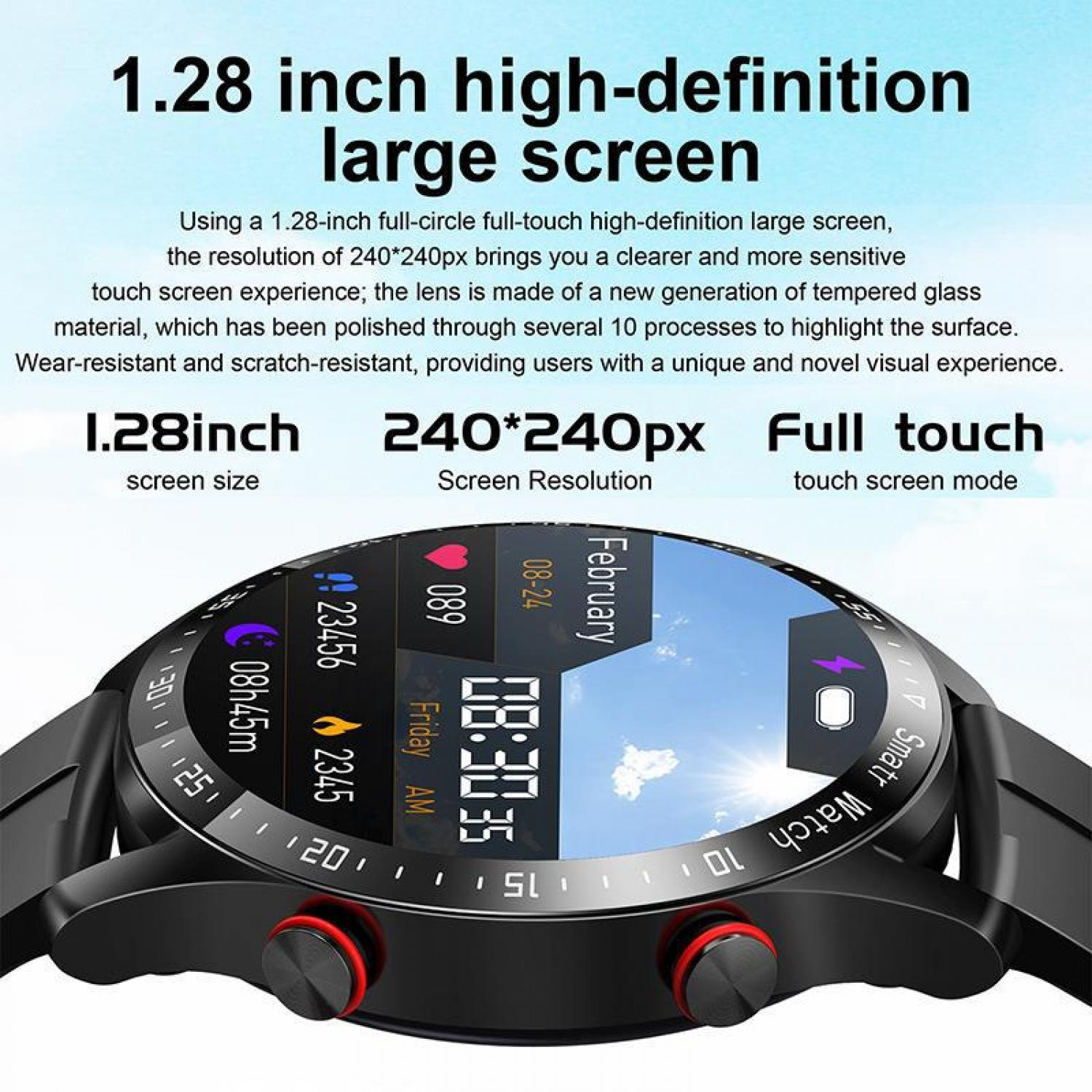 Eine schwarze Smartwatch mit einem 1,28-Zoll-Touchscreen, der die Uhrzeit anzeigt.