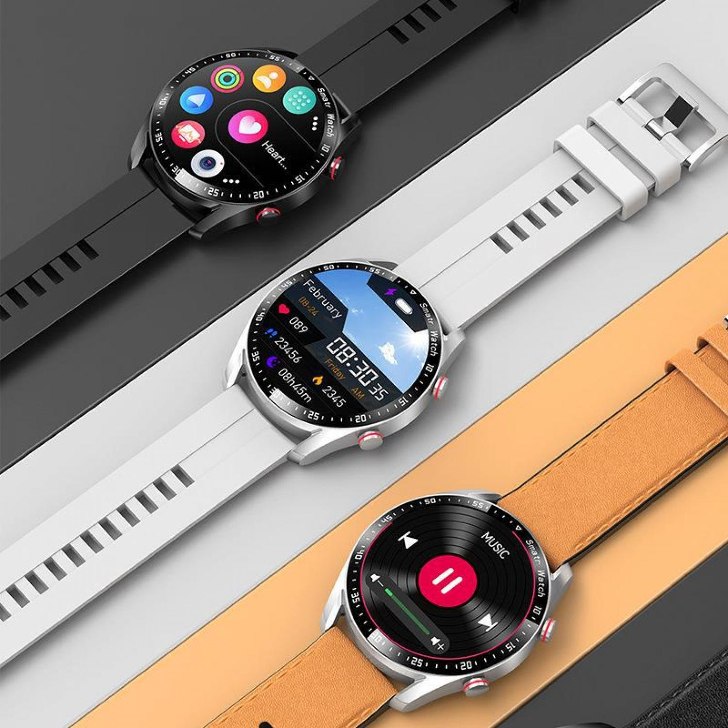 Drei Smartwatches mit schwarzen, weißen und braunen Armbändern liegen übereinander.