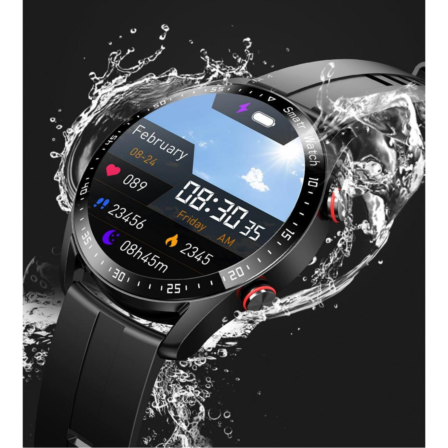 Eine schwarze Smartwatch mit einem Zifferblatt, das Wasser ausgesetzt ist.