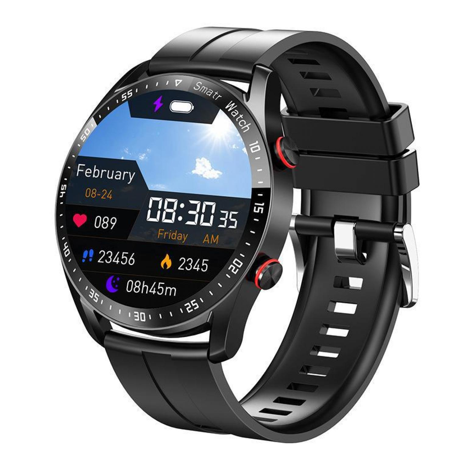 Schwarze Smartwatch mit schwarzem Armband und rundem Display. Zeigt Datum und Uhrzeit an.