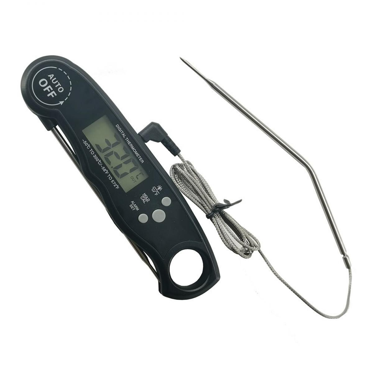 Ein schwarzes digitales Fleischthermometer mit ausklappbarem Fühler und Kabel.