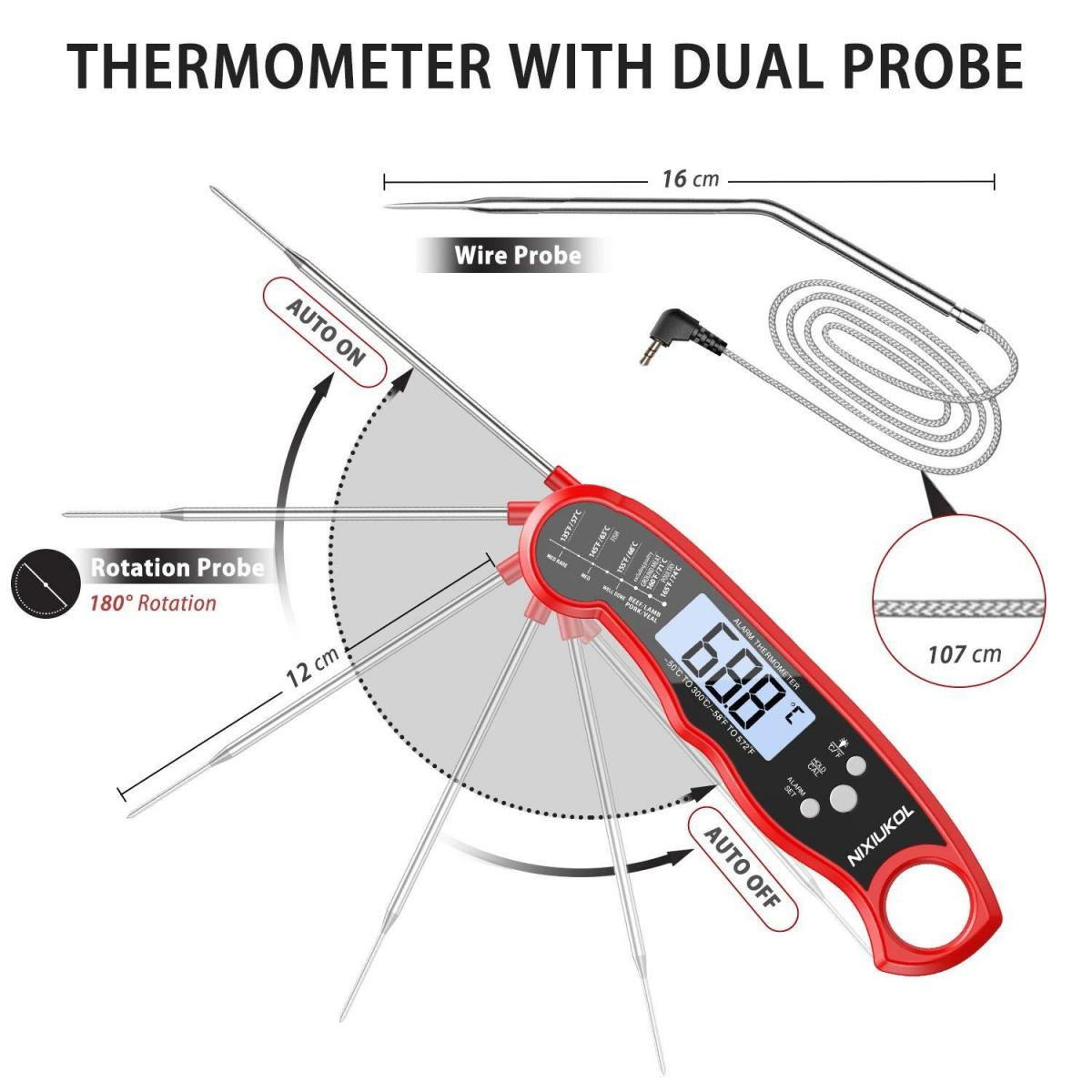 Roter digitale Thermometer mit zwei Sonden, eine drehbar (180°).