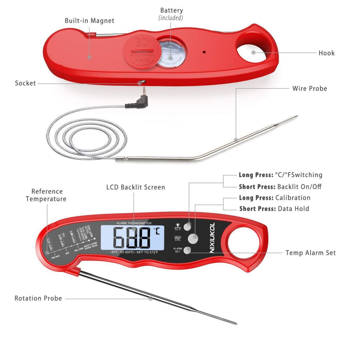 Rotes digitales Fleischthermometer mit LCD, Sonde und Batterie.