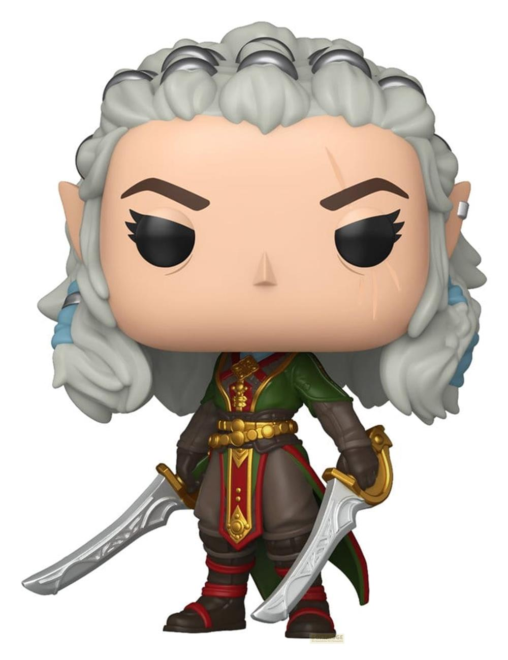 Eine Funko Pop-Figur eines Elfenkriegers mit silbernem Haar und zwei Säbeln.