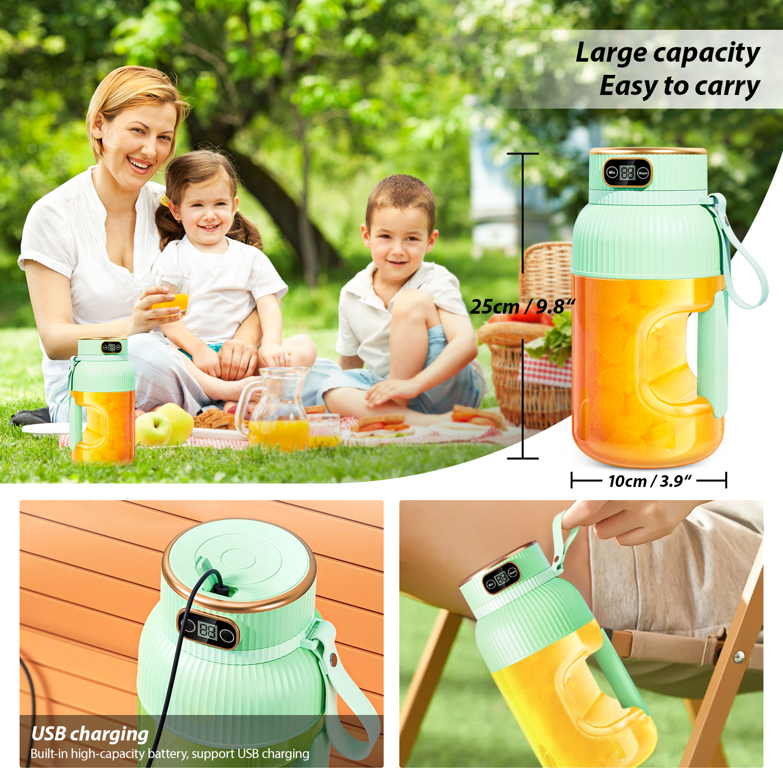 Familie beim Picknick mit Mixer-Flasche. Groß und leicht zu tragen.