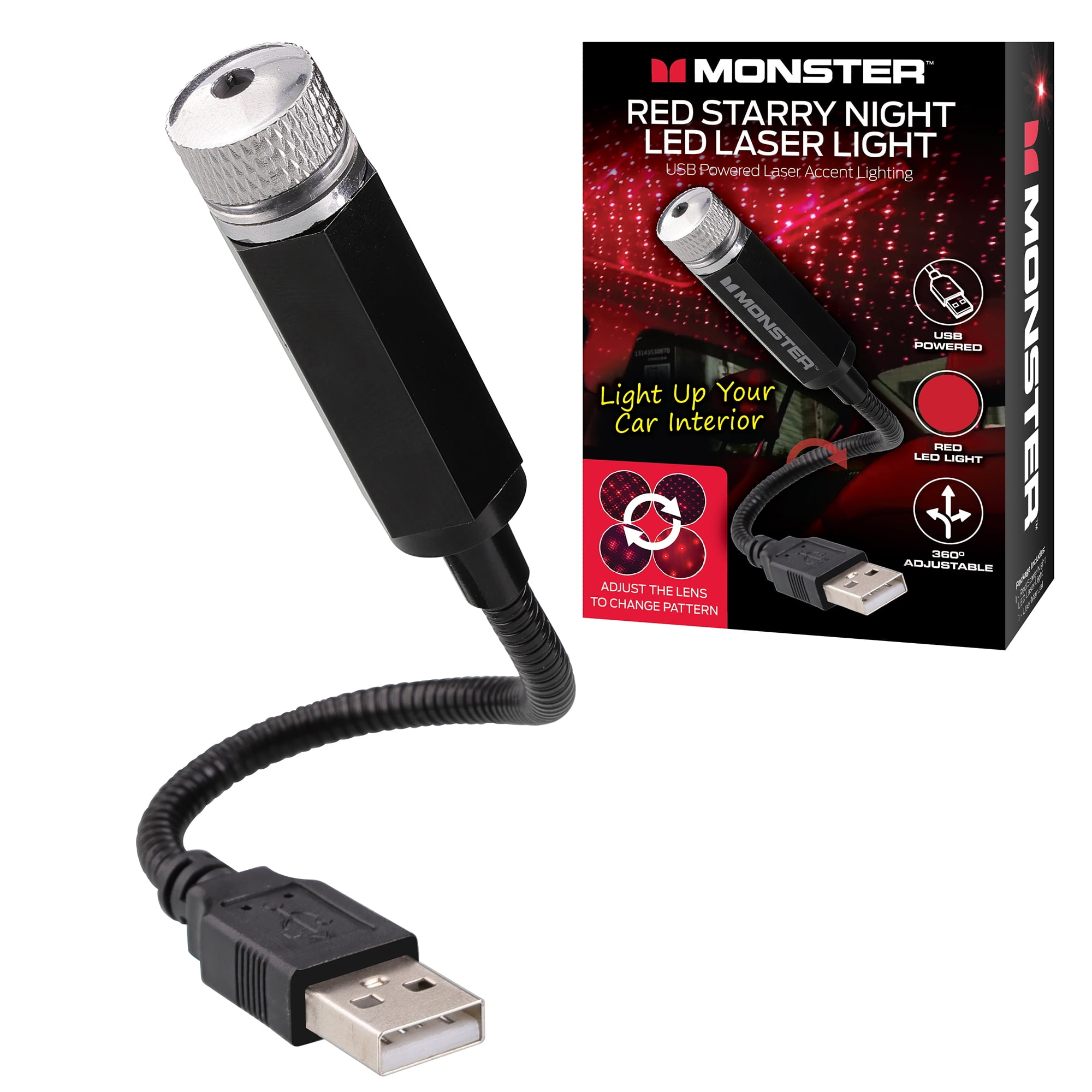 Ein schwarzer USB-LED-Laserlicht für Autos mit Sternenhimmel-Effekt.