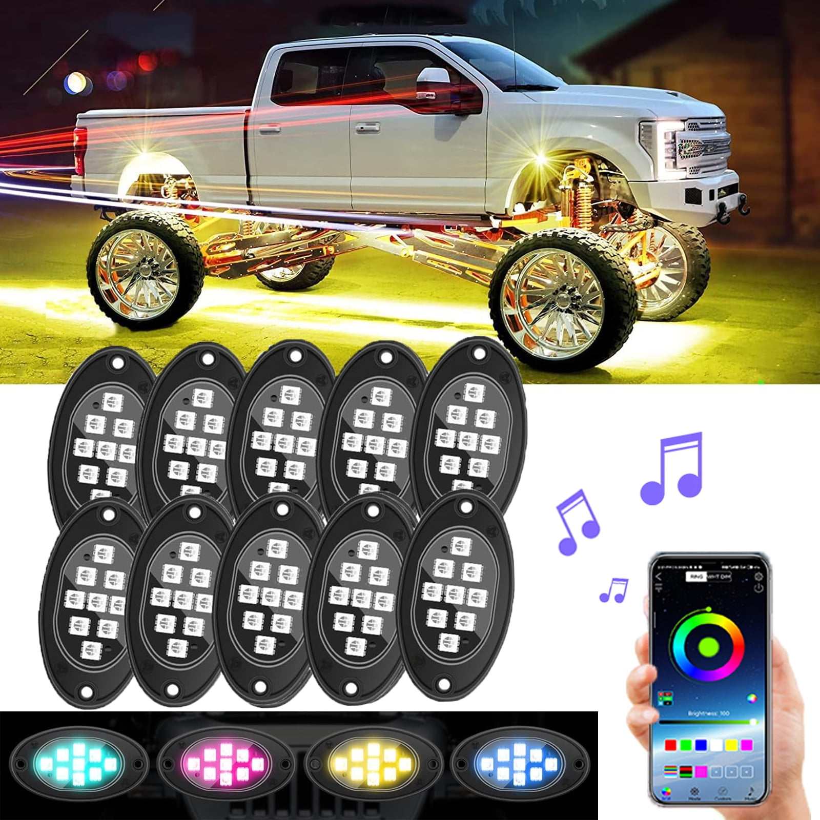 Ein weißer Truck mit Unterbodenbeleuchtung und LED-Pods wird gezeigt.