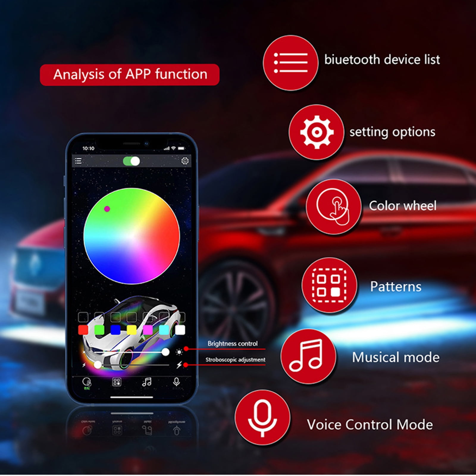 App-Funktionen: Bluetooth, Einstellungen, Farbrad, Muster, Musik, Sprache.