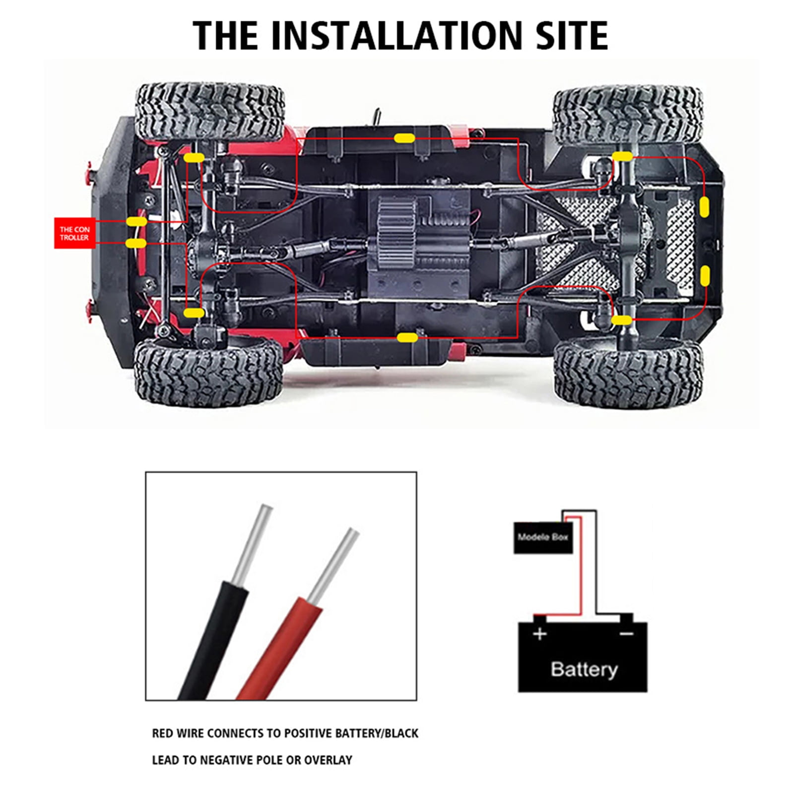 Unterseite eines RC-Autos mit Verkabelung, Batterieanschluss und Kabeln.