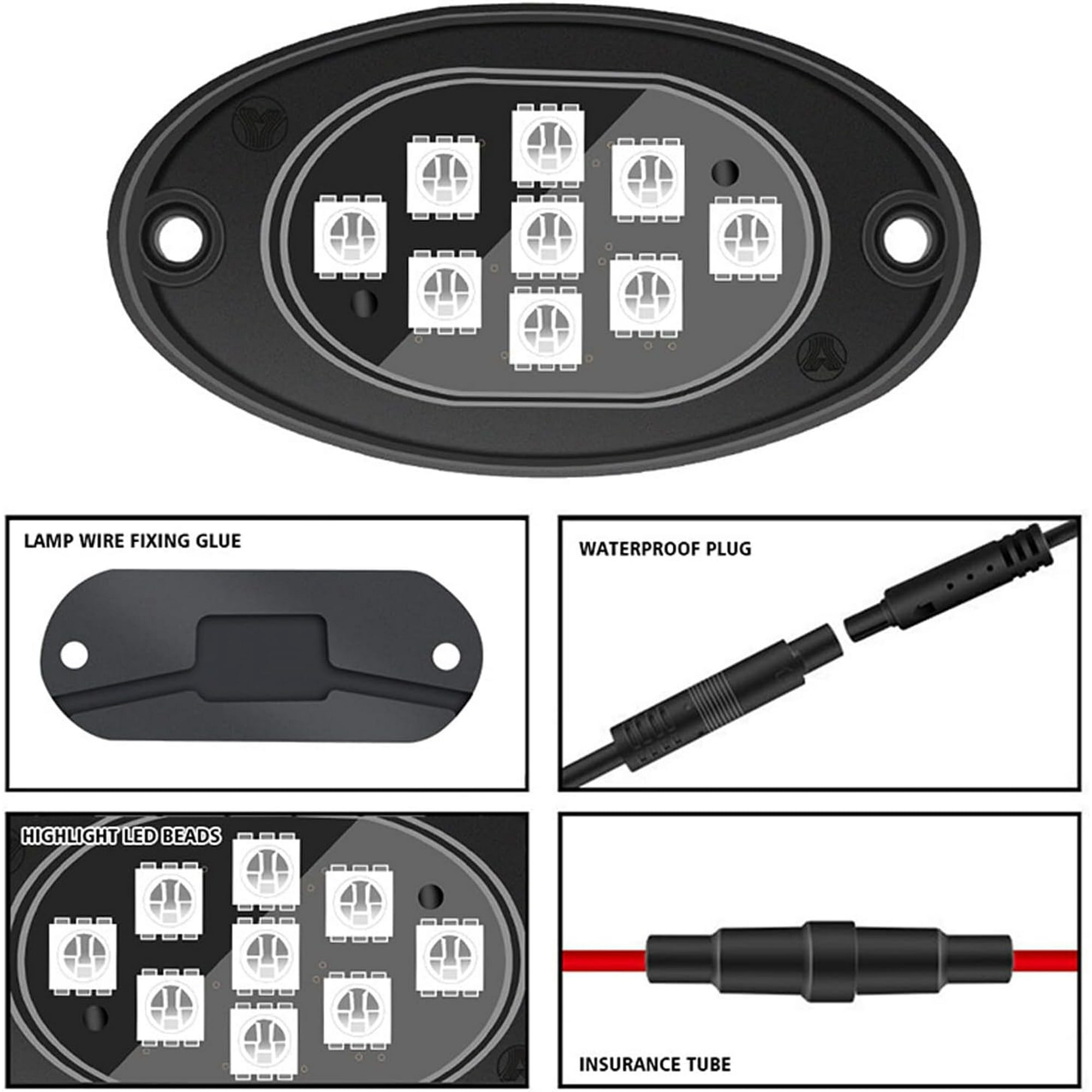 Ovales schwarzes LED-Lichtmodul mit zehn LEDs und Befestigungslöchern.