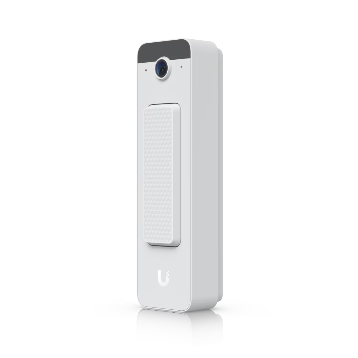 Ein weißes Smart-Home-Gerät mit Kamera und Knopf auf weißem Hintergrund.