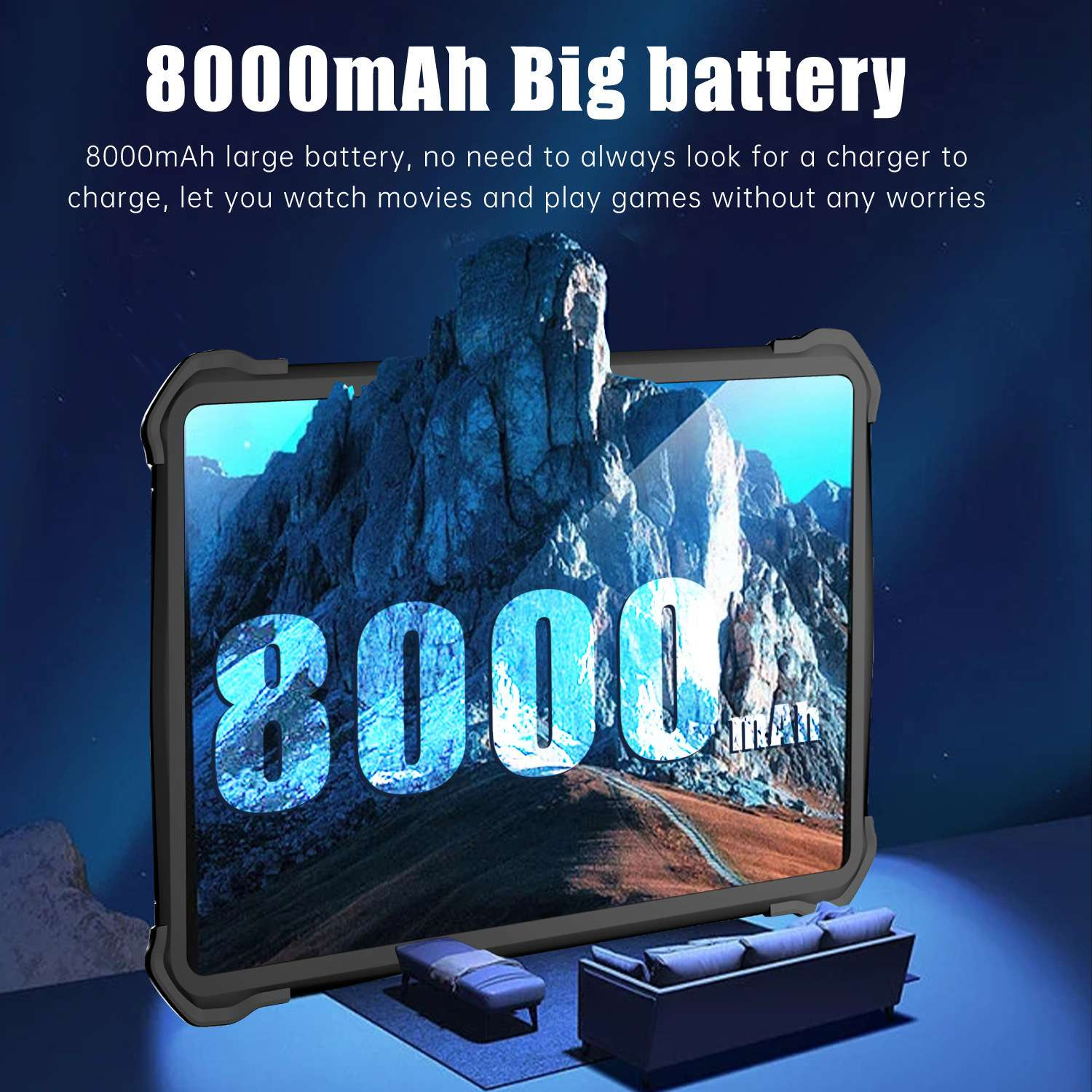 Ein Tablet mit 8000mAh Akku, der eine Berglandschaft zeigt.