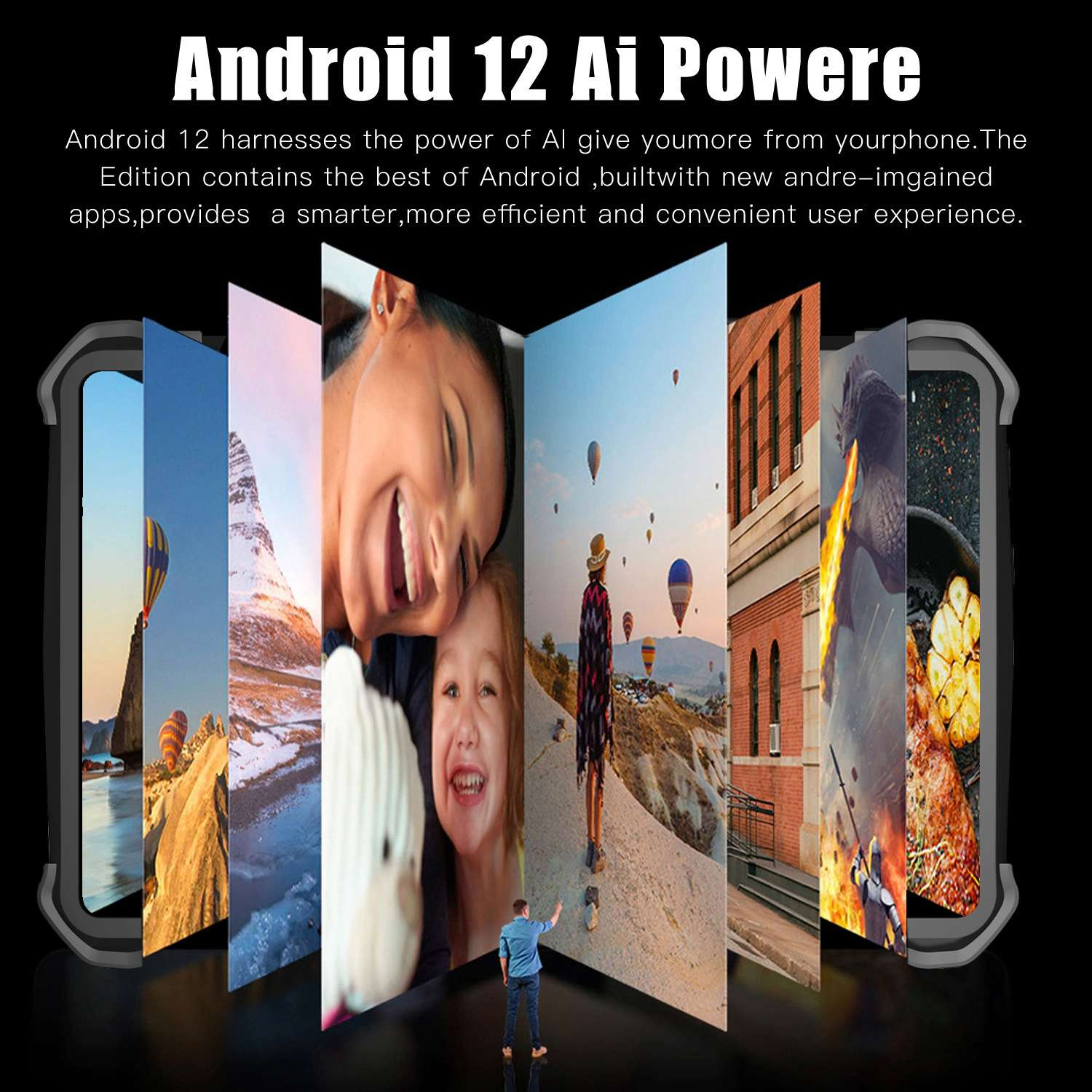 Android 12: Mehrere Bilder auf Displays, Heißluftballons, Gebäude, Ritter, Steak.