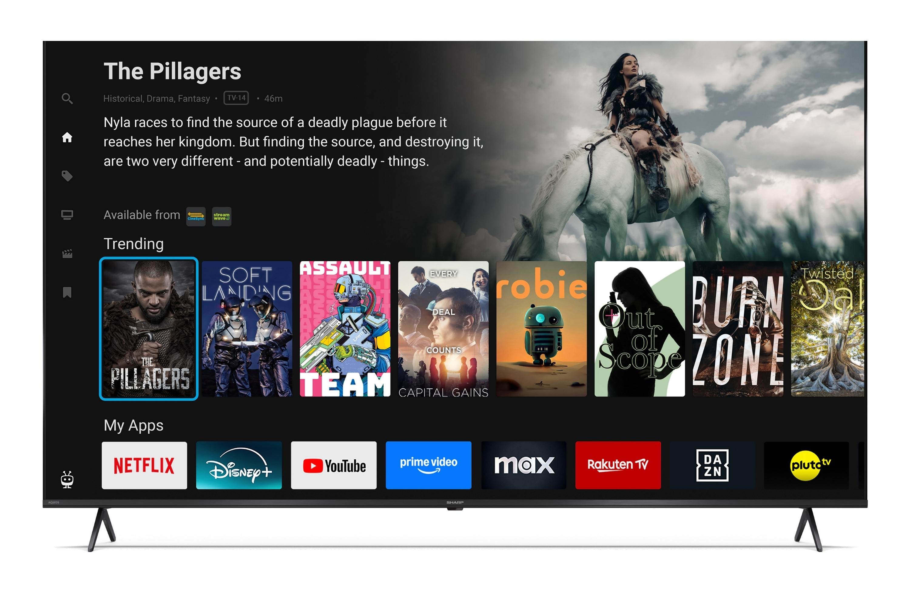 Ein Fernsehbildschirm zeigt eine Streaming-App mit Filmen und Apps.