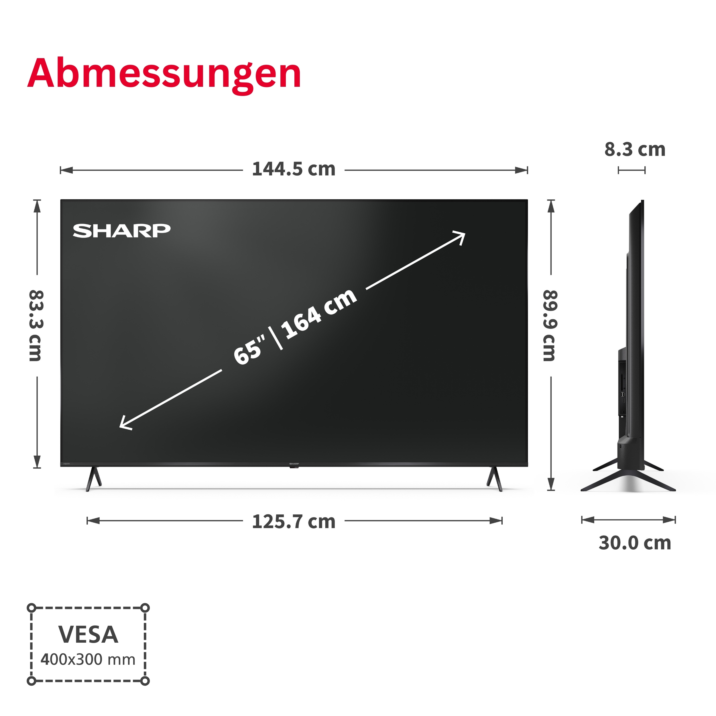 Maße eines 65-Zoll-Fernsehers: 144,5 cm breit, 83,3 cm hoch, 8,3 cm tief.
