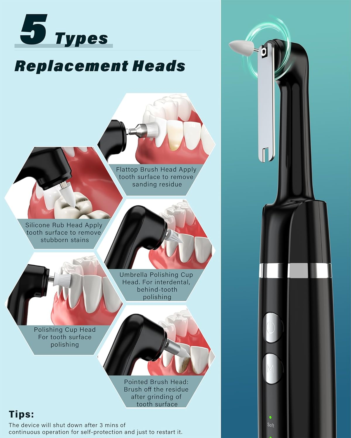 Produktbild zeigt 5 Aufsätze für ein Dentalwerkzeug mit Nahaufnahmen von Zähnen.