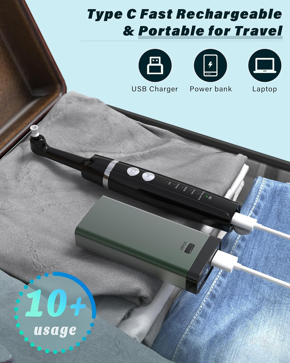 Schwarzer elektrischer Reiniger und Powerbank in einem Koffer mit Kleidung.