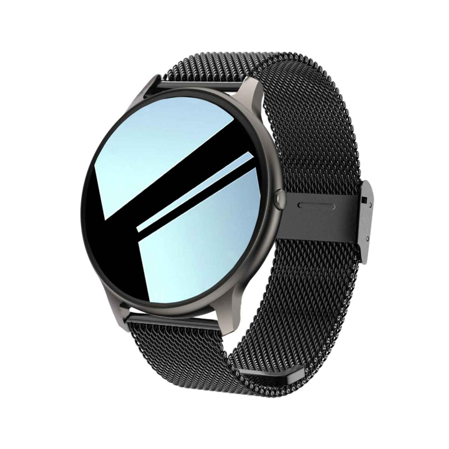 Eine graue Smartwatch mit schwarzem Mesh-Armband auf weißem Hintergrund.