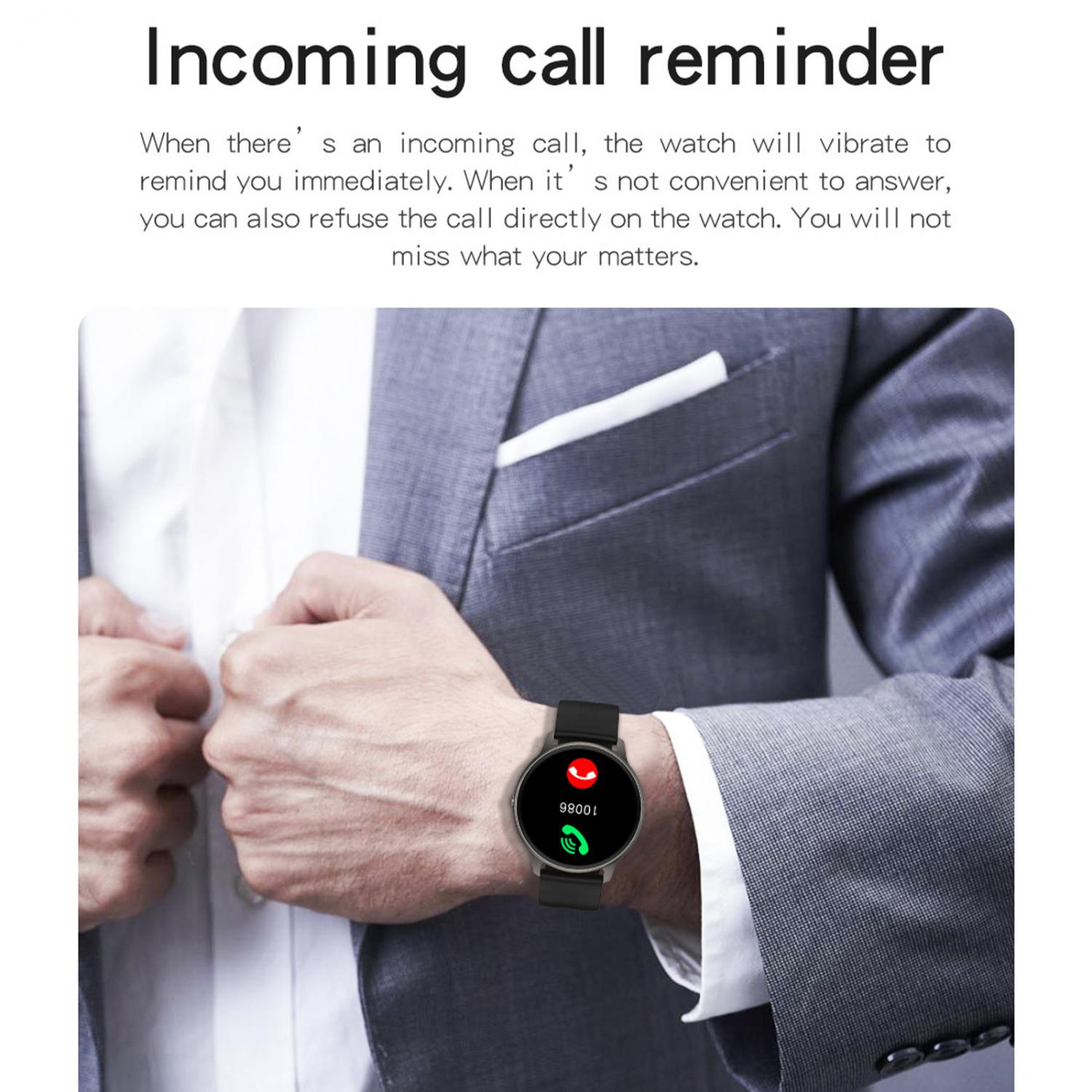 Ein Mann in einem grauen Anzug trägt eine Smartwatch, die einen eingehenden Anruf anzeigt.