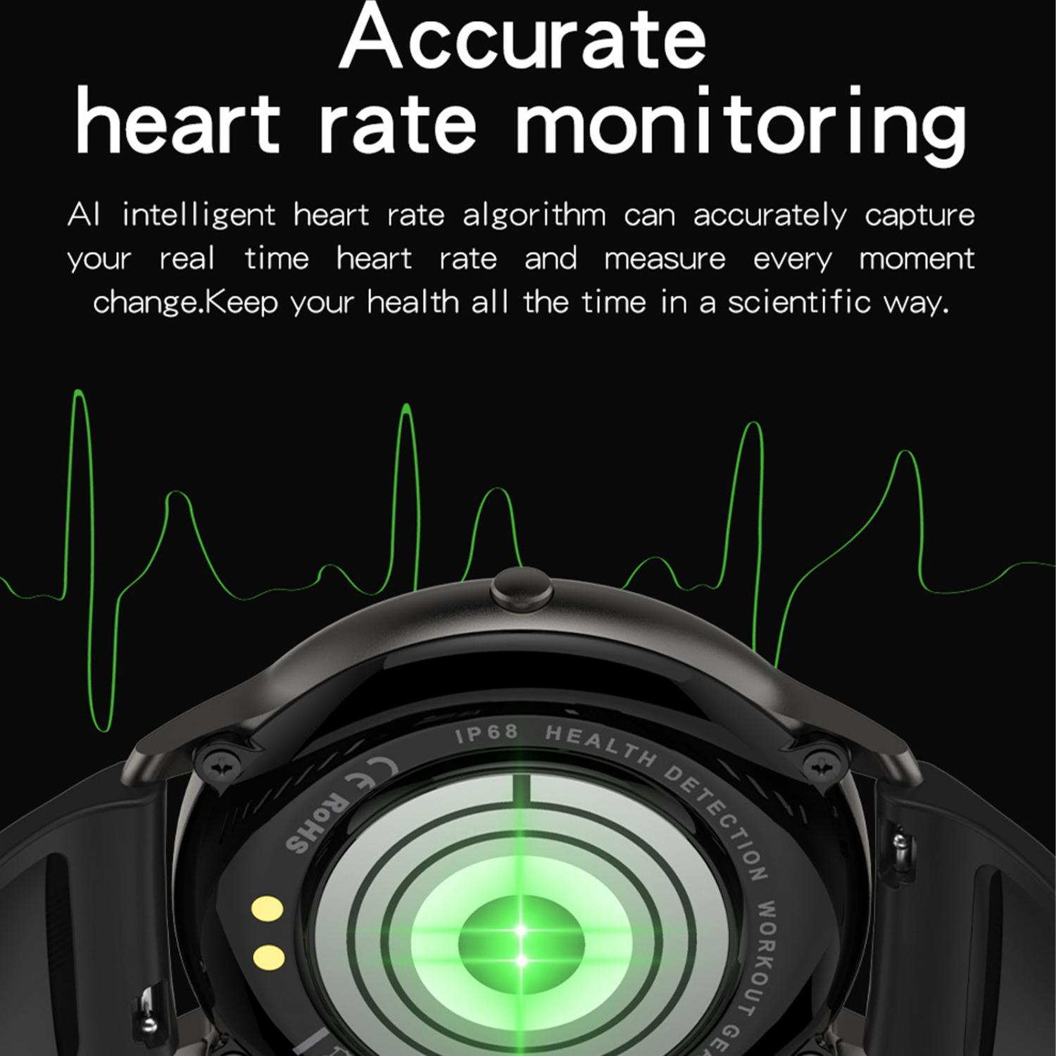 Eine schwarze Smartwatch mit Herzfrequenzanzeige und grünem Herzschlag-Diagramm.