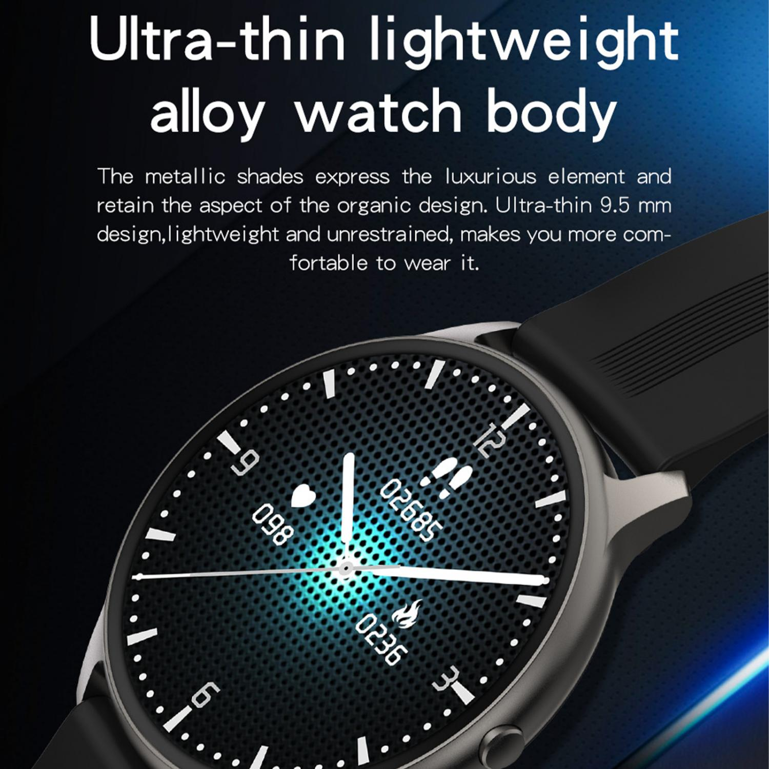 Eine graue Smartwatch mit schwarzem Armband und einem Zifferblatt mit weißen Markierungen.