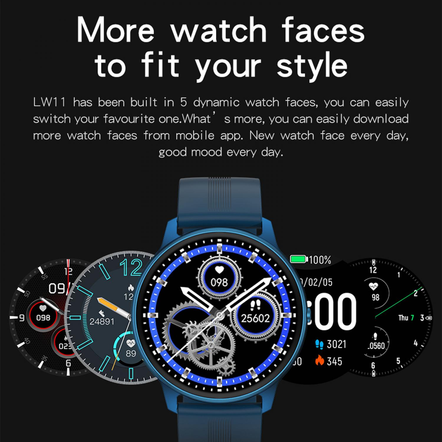 Eine blaue Smartwatch mit mehreren Zifferblättern, die verschiedene Informationen anzeigen.