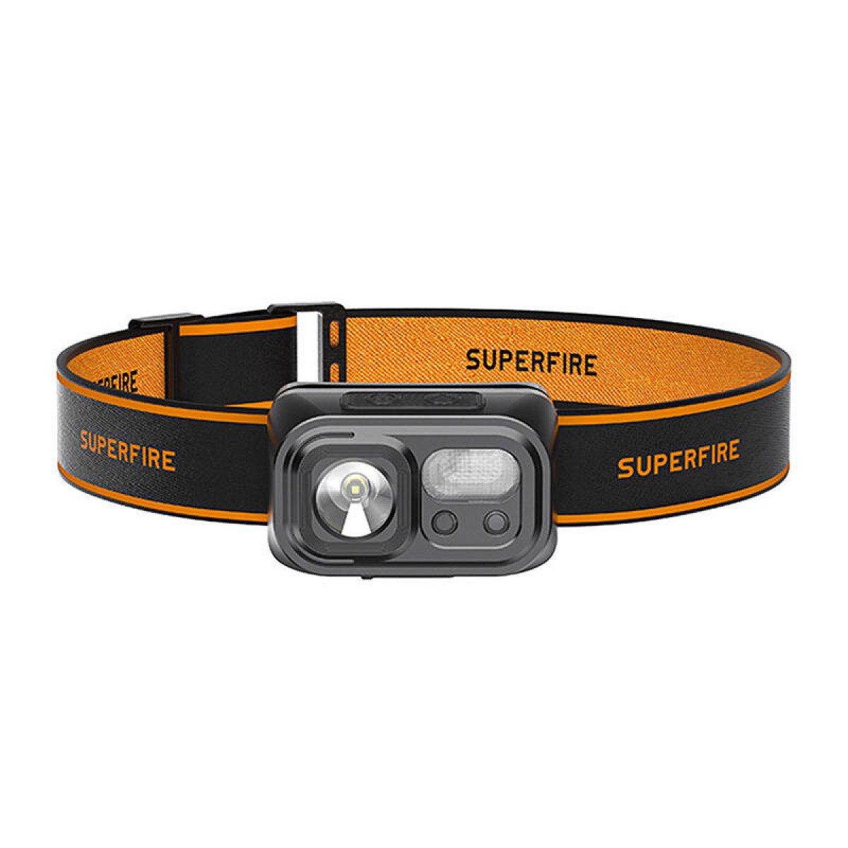 Une lampe frontale avec bandeau noir et accents orange. La lampe a une lentille et deux petites LED.