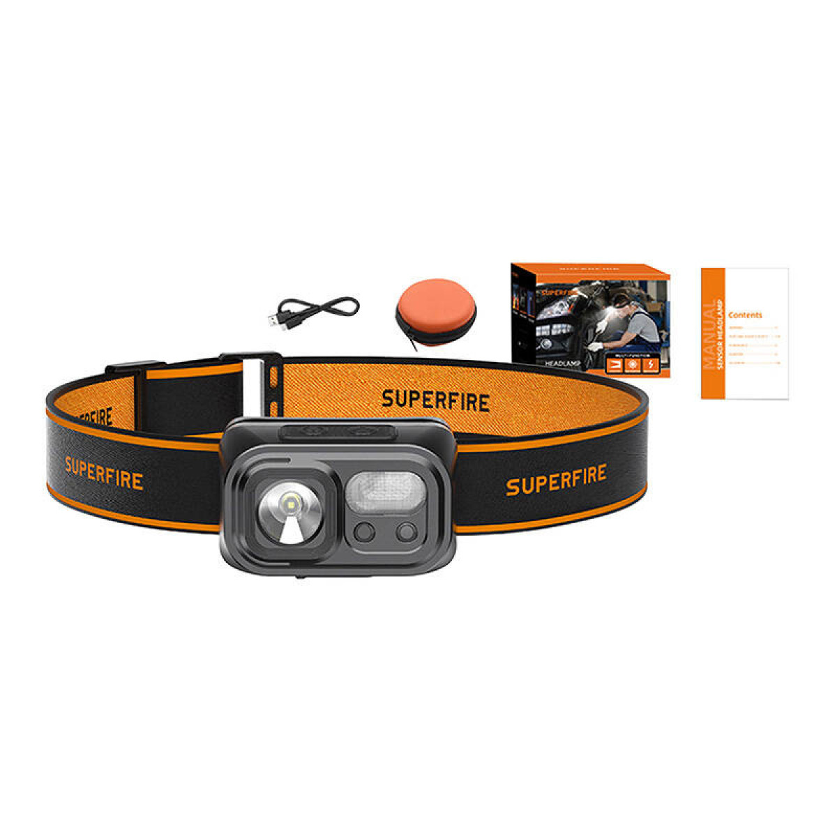 Un phare noir avec sangle orange, câble USB et manuel.