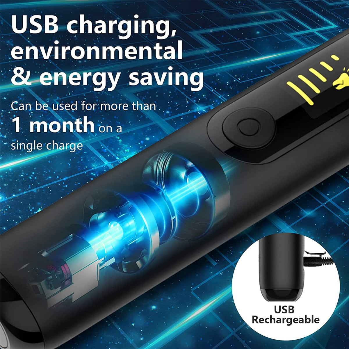 Ein schwarzes Gerät mit USB-Ladeanschluss, das 1 Monat hält.