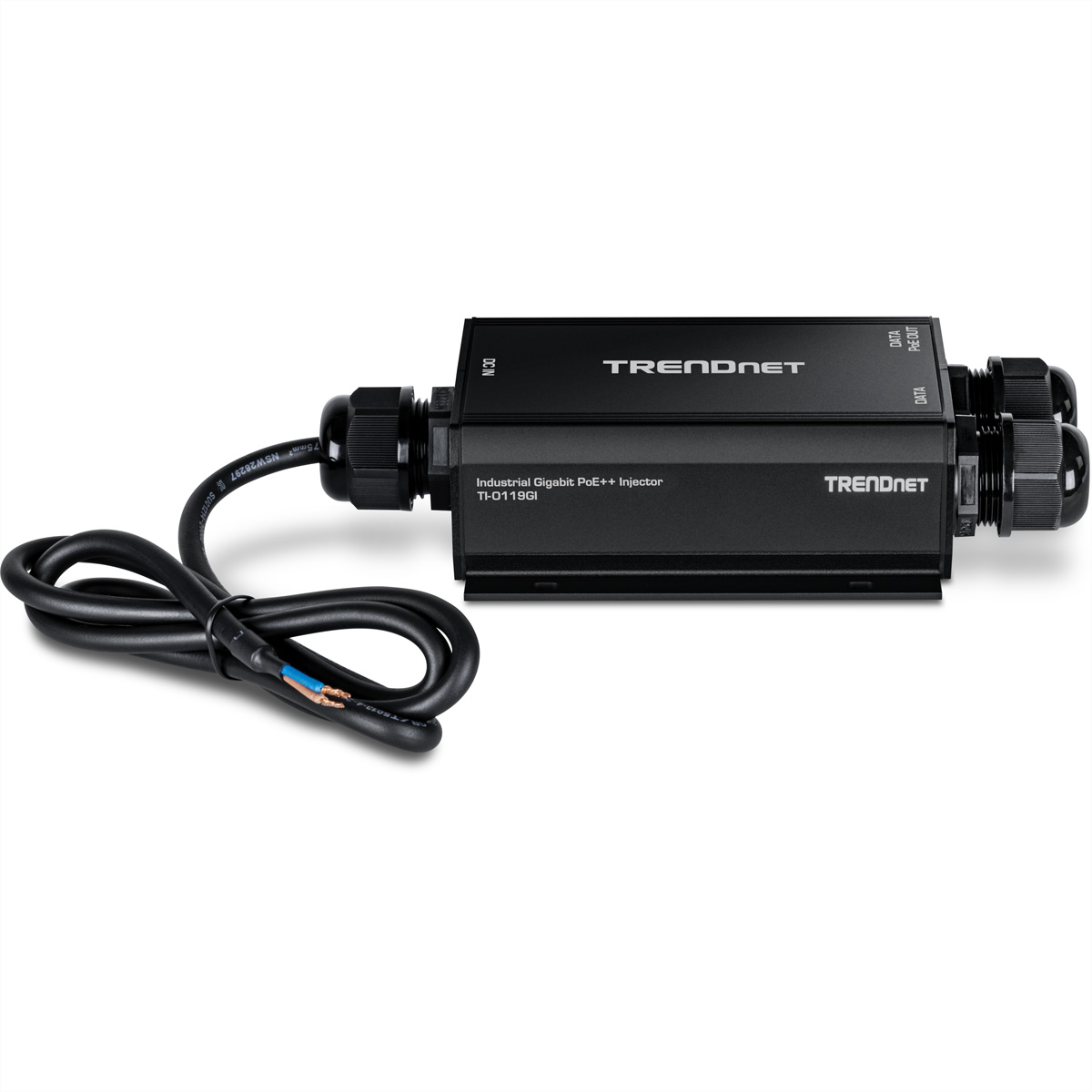 Schwarzer industrieller Gigabit PoE++ Injektor TI-0119GI mit Kabeln.