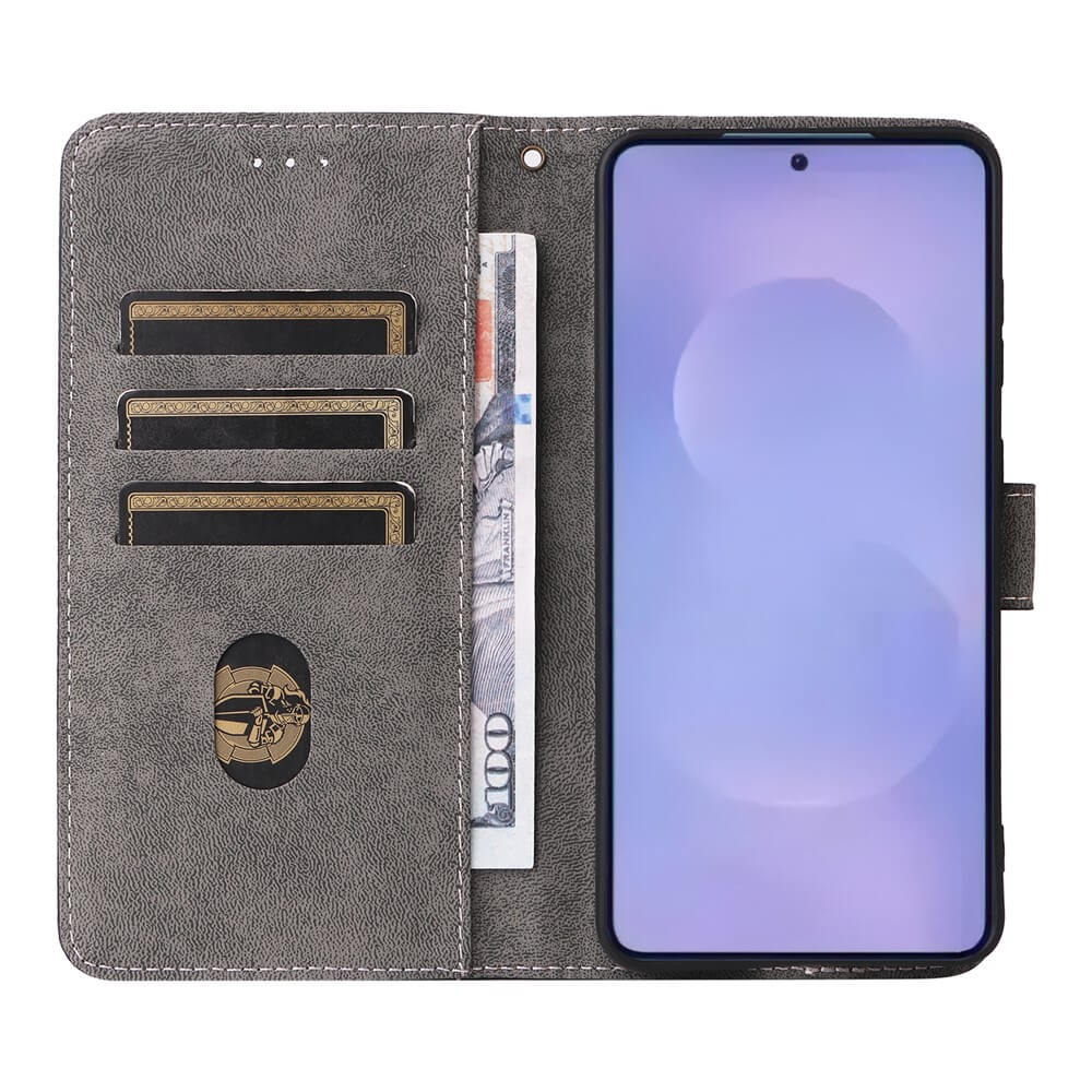 Portafoglio grigio per telefono con slot per carte, banconota e smartphone.