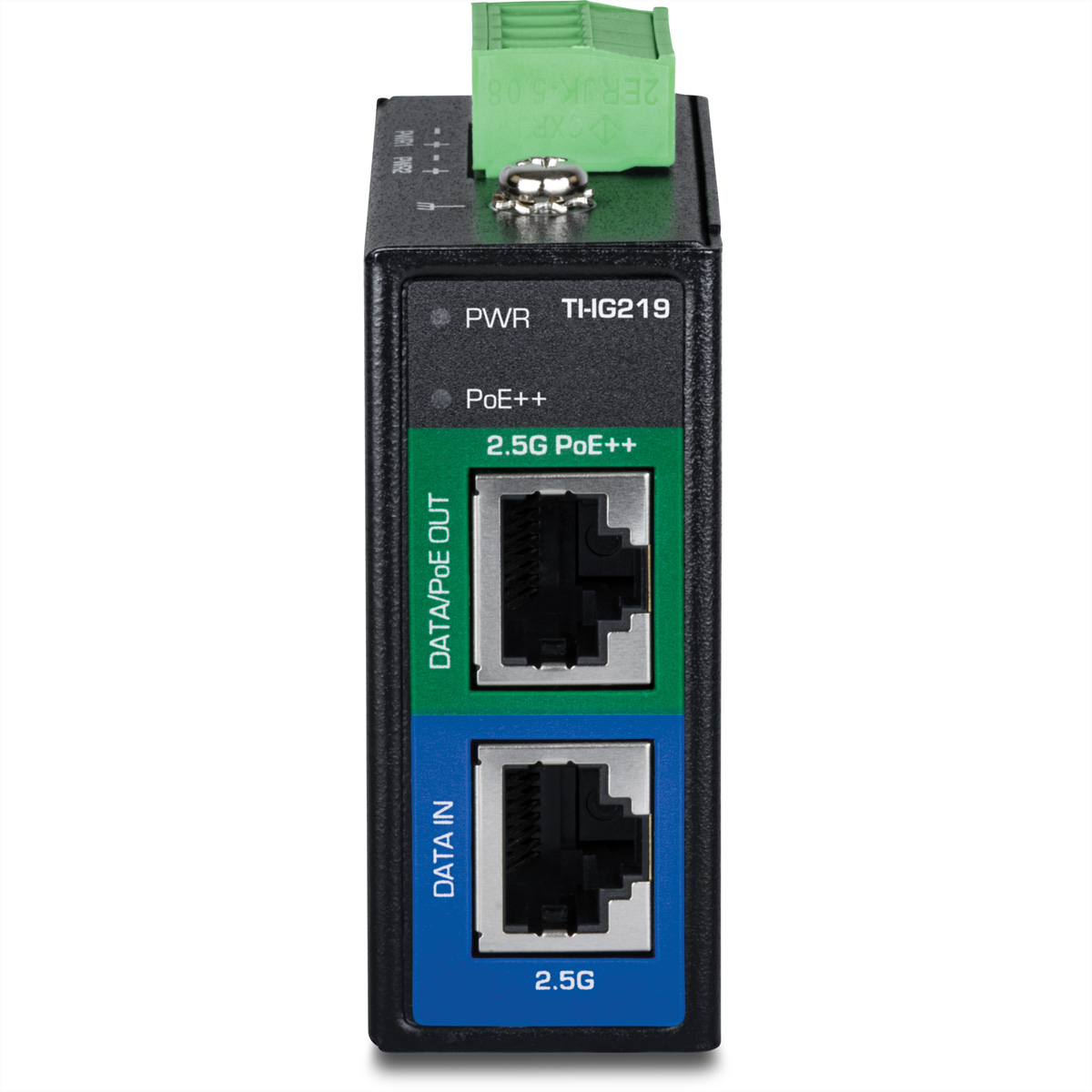 Ein schwarzes Gerät mit zwei Ethernet-Anschlüssen und einem grünen Anschluss.