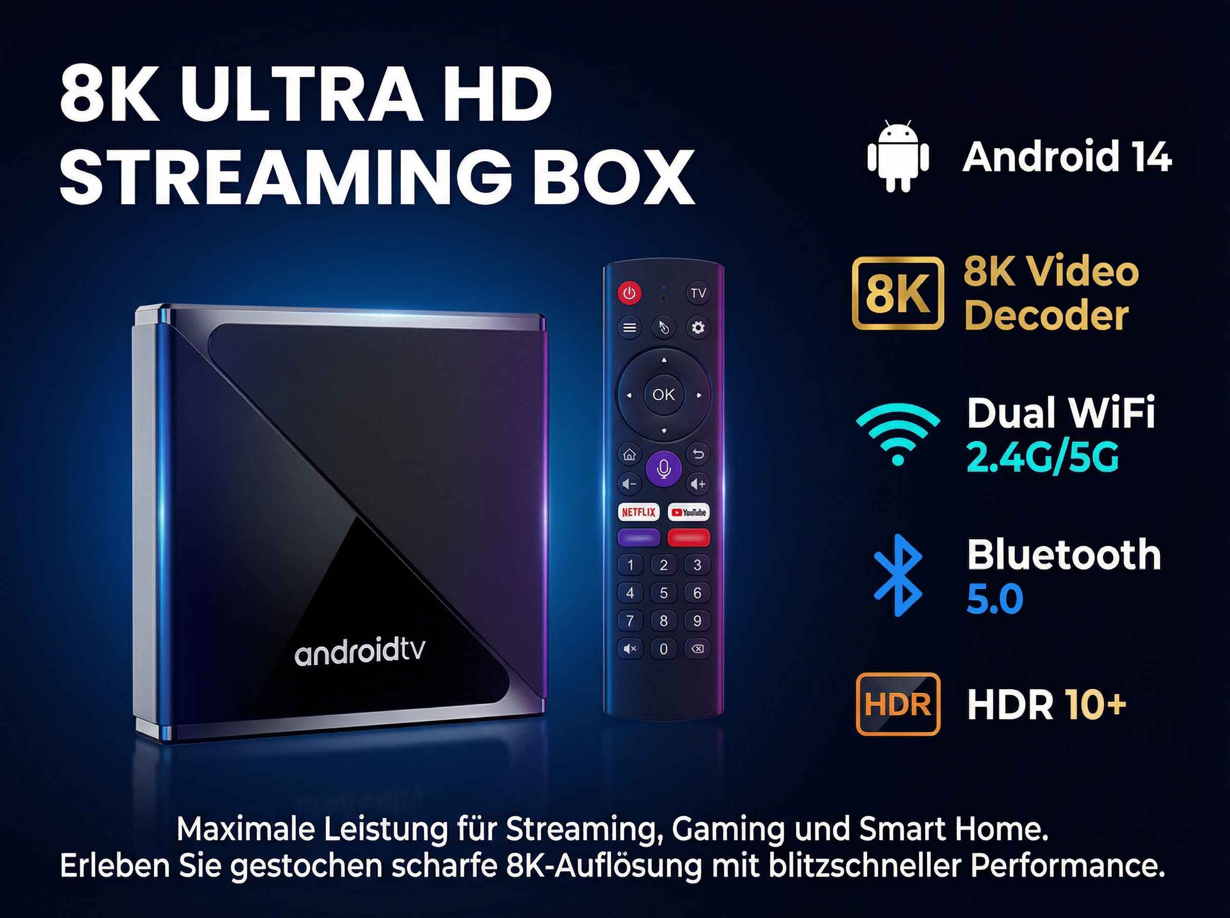 8K Ultra HD Streaming Box mit Fernbedienung, Android 14, Dual WiFi.